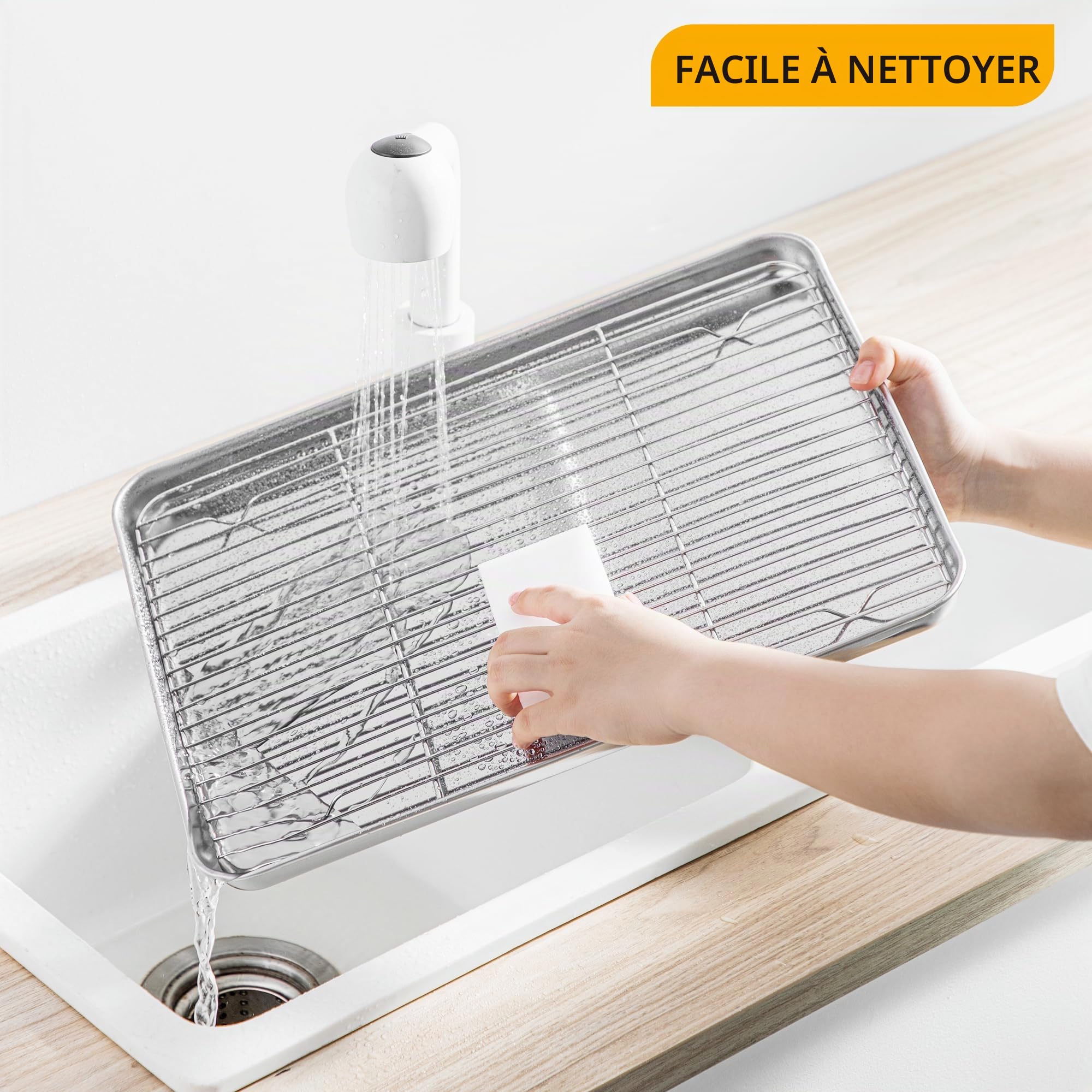 Velaze Plaque Pâtisserie et Grille INOX, Plaque de Cuisson avec Volette de 4 Pcs, Plateau Patisserie sans Revêtement, Plat à Rôtir de 40cm x 30cm