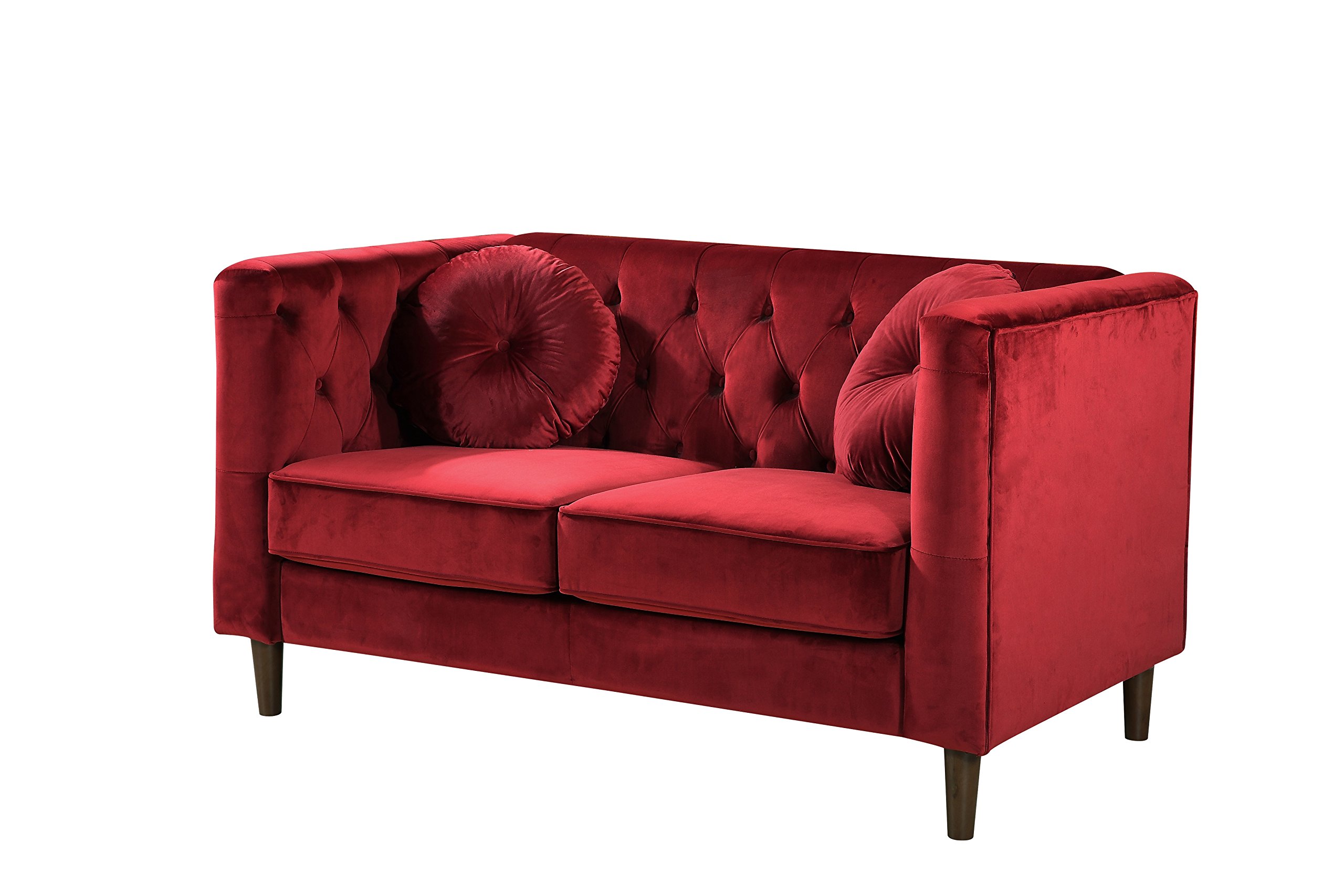 Container Furniture Direct Kitts Velvet Upholstered Modern Chesterfield Loveseat, Red