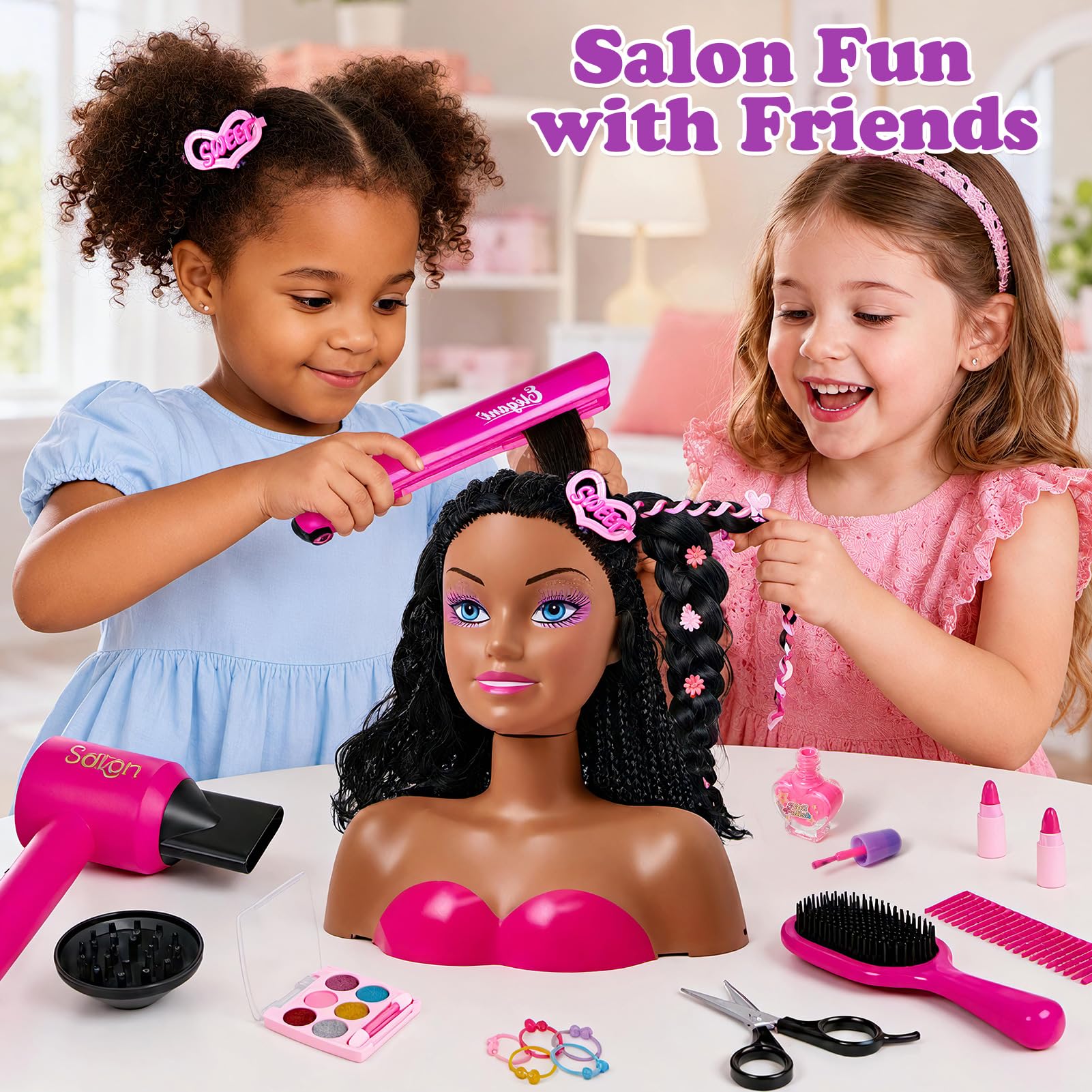 Tacobear Tête à Coiffer Enfant avec Sèche-Cheveux Lisseur Maquillage Vernis à Ongles Accessoires de Coiffure Set Jouet Fille 3-6 Ans