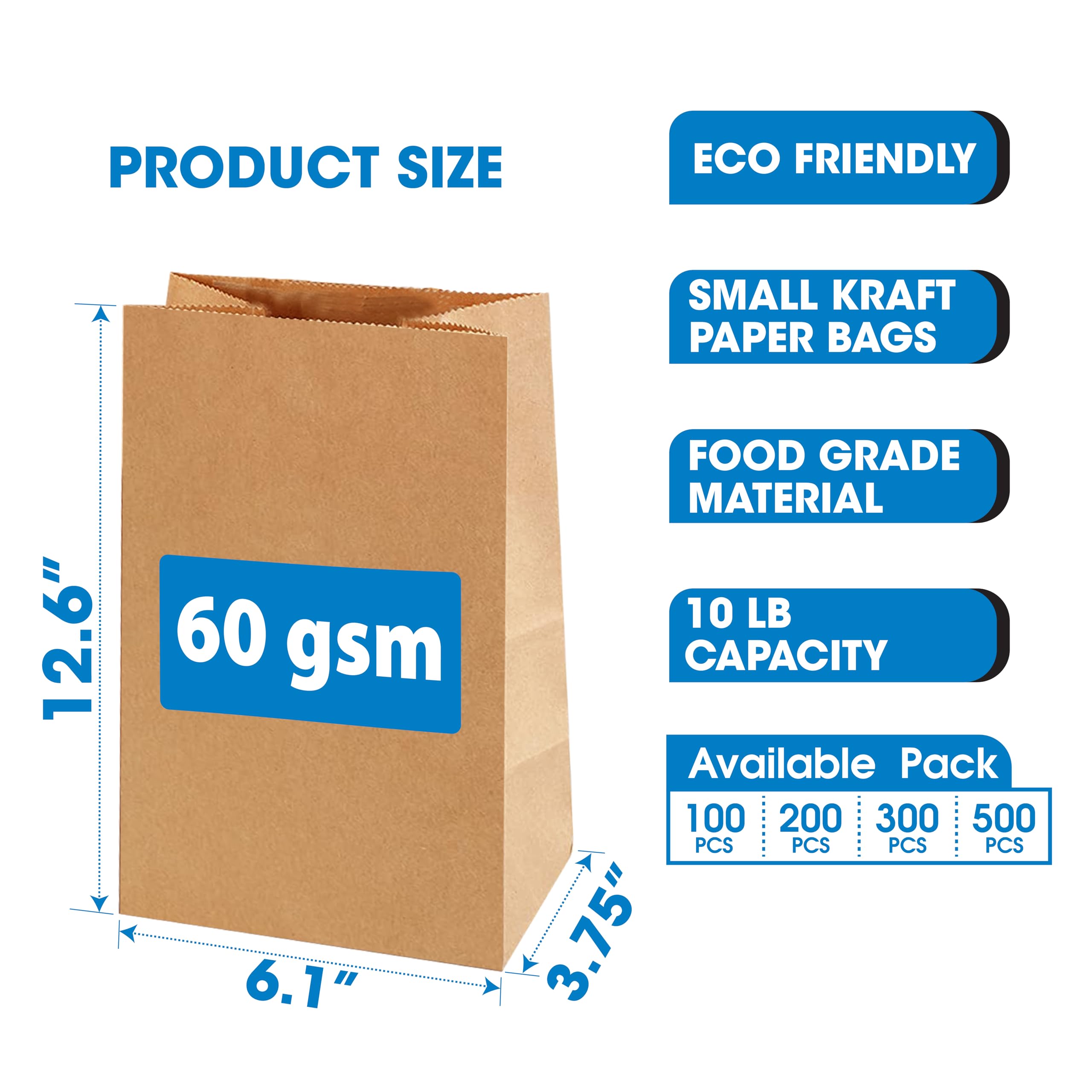 Excellent 100 Pack Brown Paper Bags - 10 Lbs Capacity Medium Kraft Paper Lunch Bags - 6.1x3.75x12.6 inches Bulk Paper Grocery Bags for Storage Food, Bread, Snacks, Cookies, Great for Small Businesses