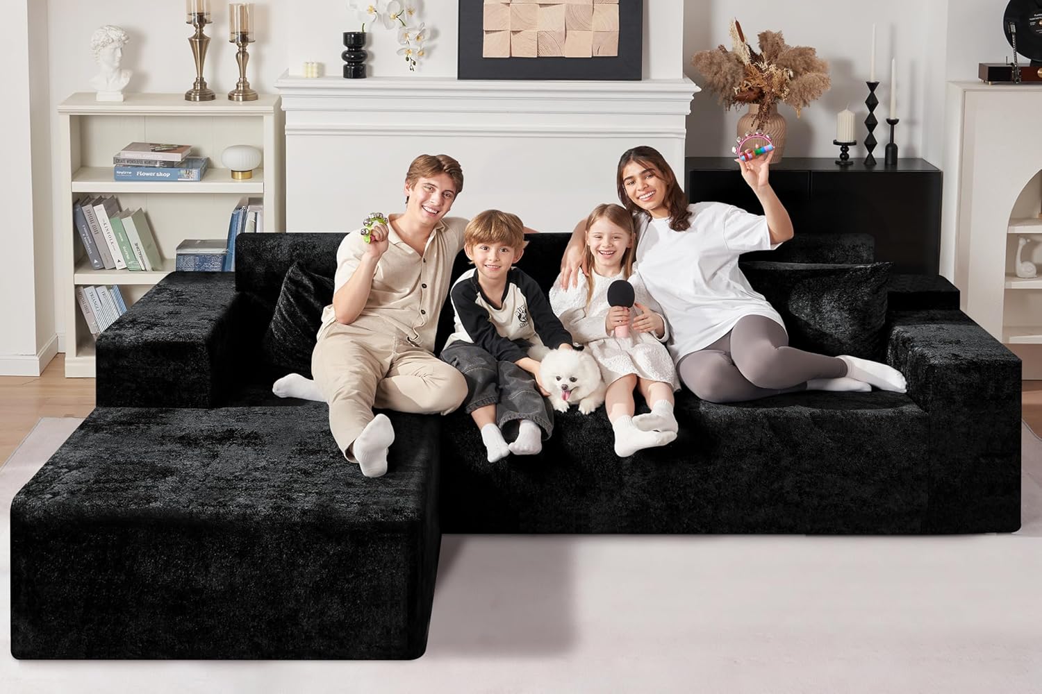 HABUTWAY 105" L-Shape Modular Sectional Sofa Couch for Living Room,No Assembly Required,Modular Comfy Sofa with Deep Seat for Living Room Bedroom,Luxury Distressed Velvet(Left,Black)