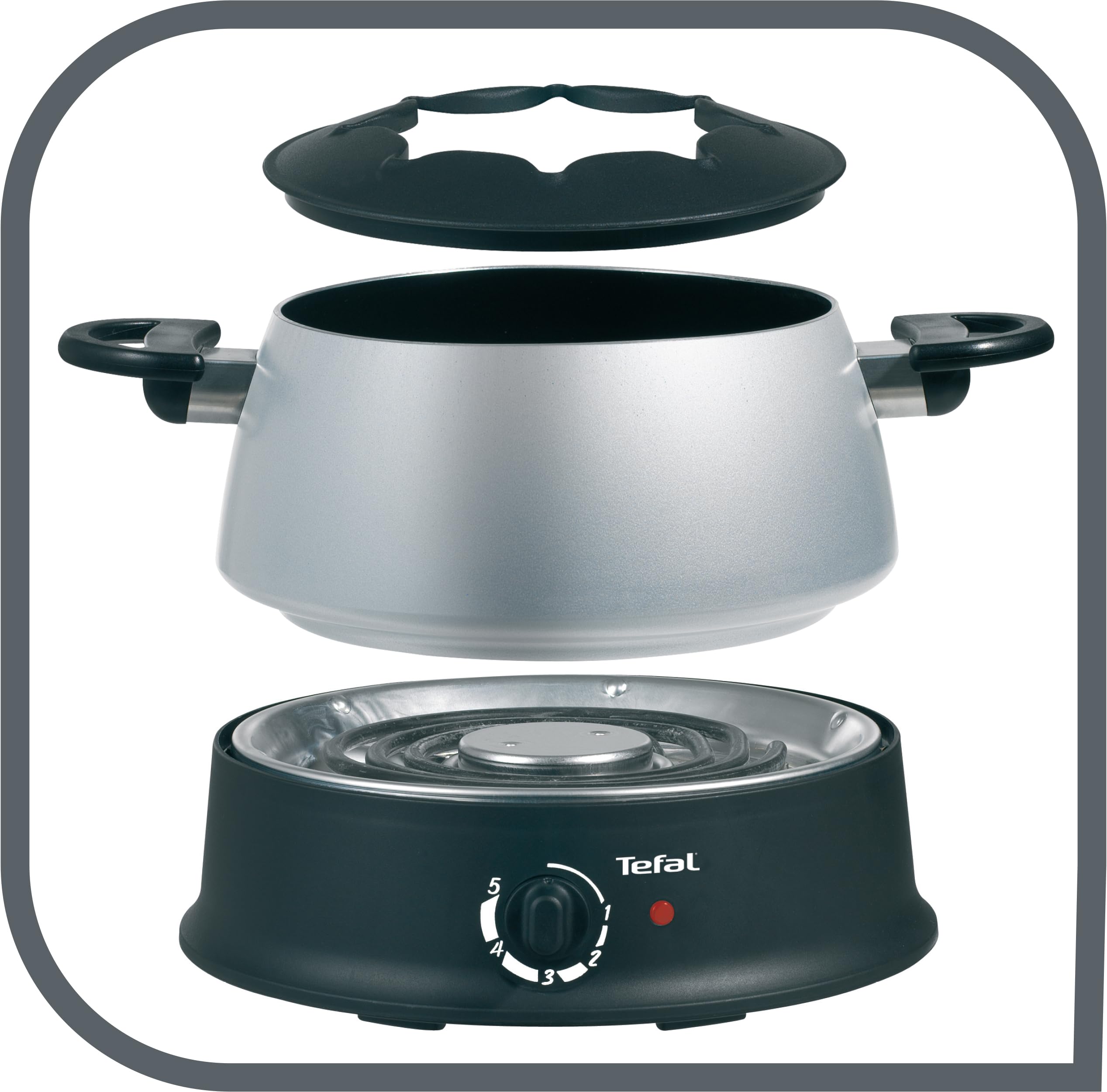 Tefal EF3000 Fondue Base Ronde|1200 Watt| mit 6 farbigen Gabeln| Für jede Fondueart: Öl, Käse, Schokolade| mit Spritzschutz| regelbarer Thermostat| einfache Reinigung| Silber/Schwarz