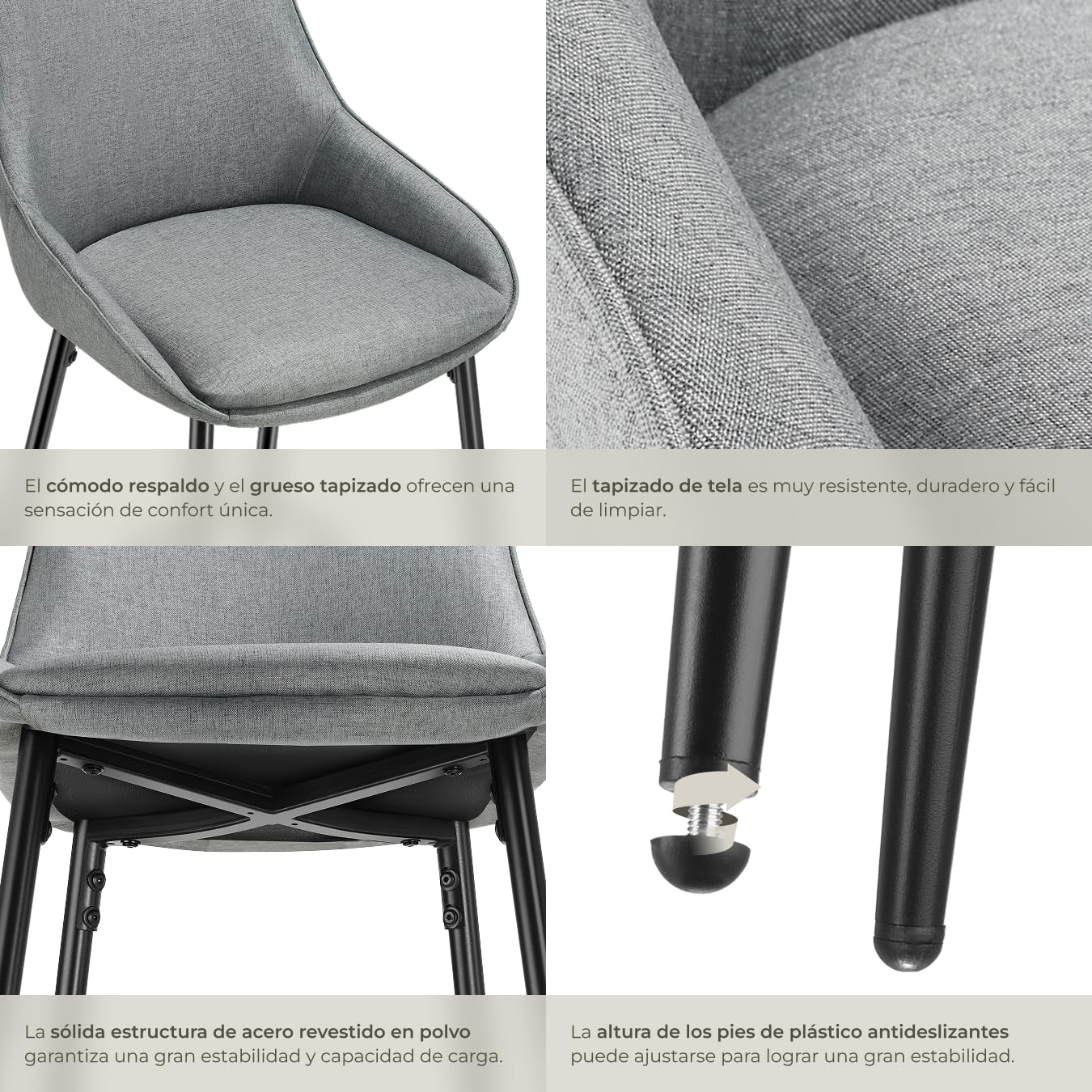 tectake® Taburete Alto con Respaldo, Taburete Cocina con Reposapiés, Silla de Bar Alta, Patas de Acero, Topes Antideslizantes y Regulables, Montaje Rápido, Banqueta - 2 sillas Tejido, Gris/Negro