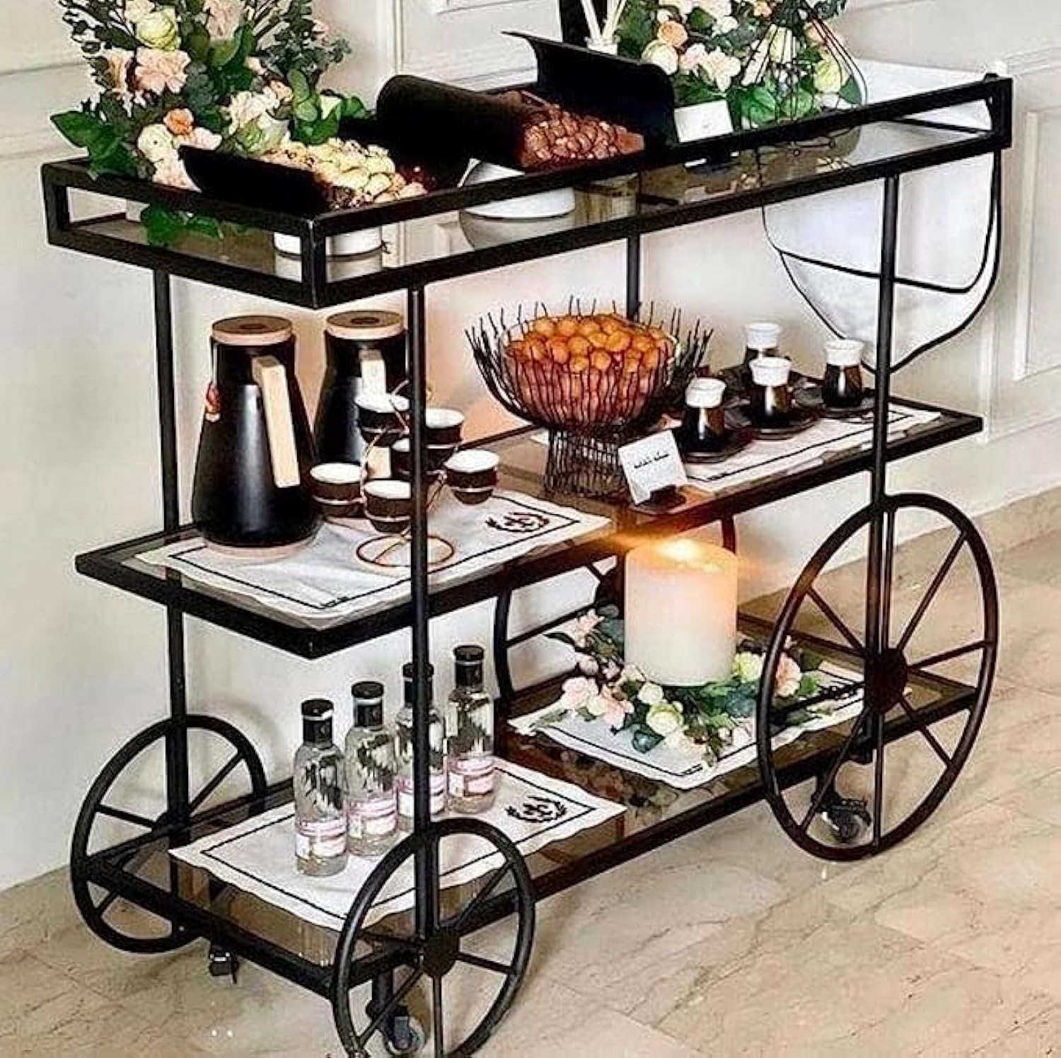 COOLBABY HOMETASTE Metal Food Serving Trolley - Multi-Purpose Kitchen Storage Rack and Utility Cart Elegant and Functional Rolling Cart for Tea Service and Display (Big_100x44x90cm)