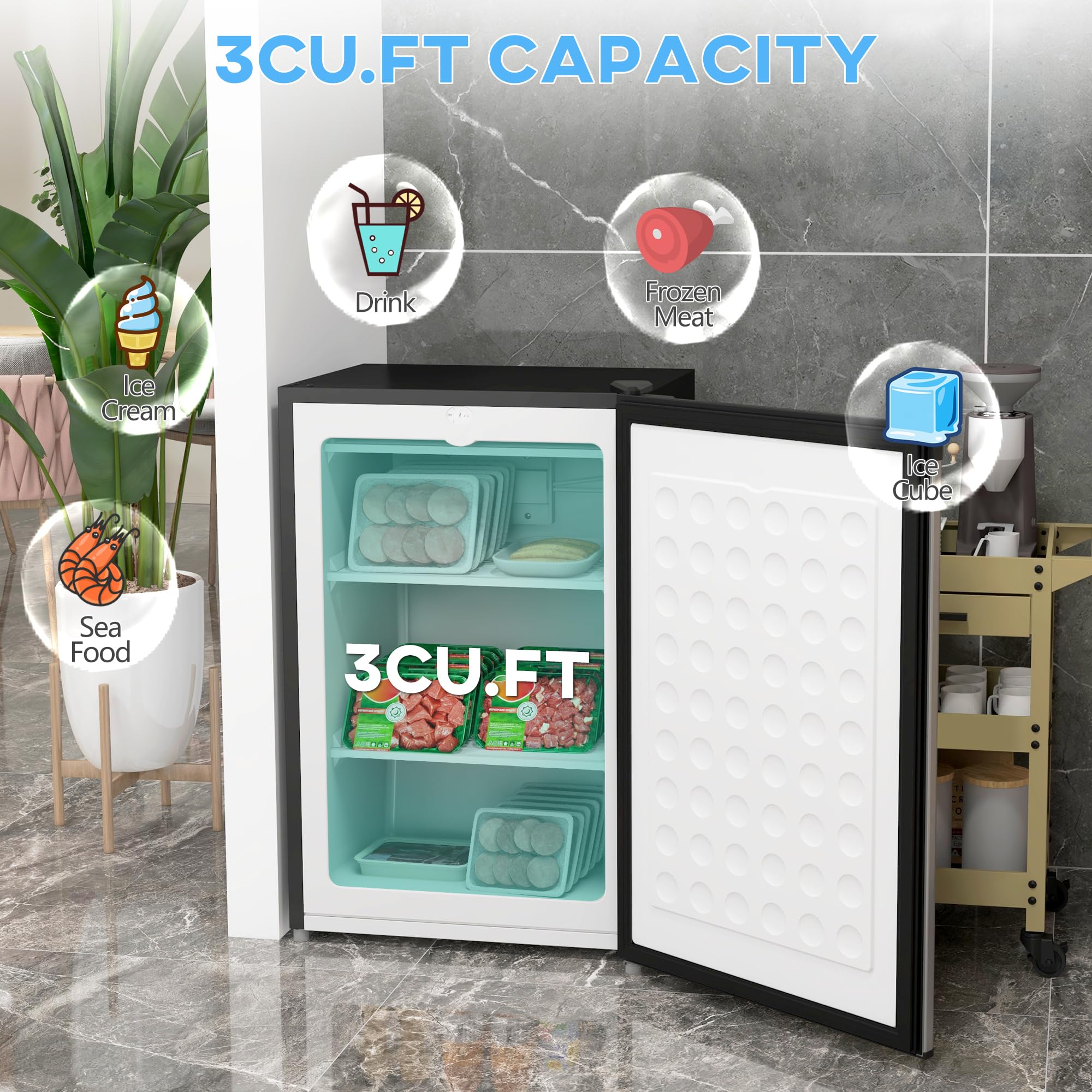 Upright Freezer, 3.0 Cubic Feet Compact Mini Freezer With Reversible Single Door And Adjustable Thermostat, Small Freezer For Home, Dorm, Apartment, Home Office, Silver on Fridge.com - View 3