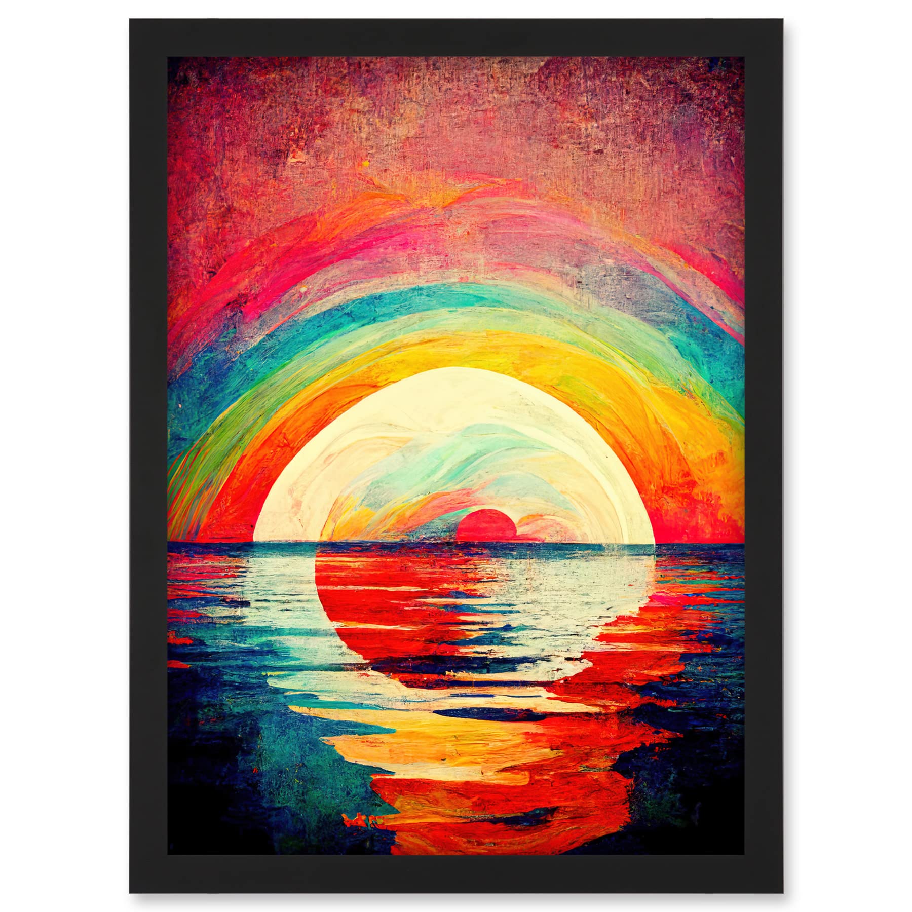 Doppelganger33 LTD Rainbow Sunset At Sea Vibrant Expressionism Artwork Framed A3 Wall Art Print