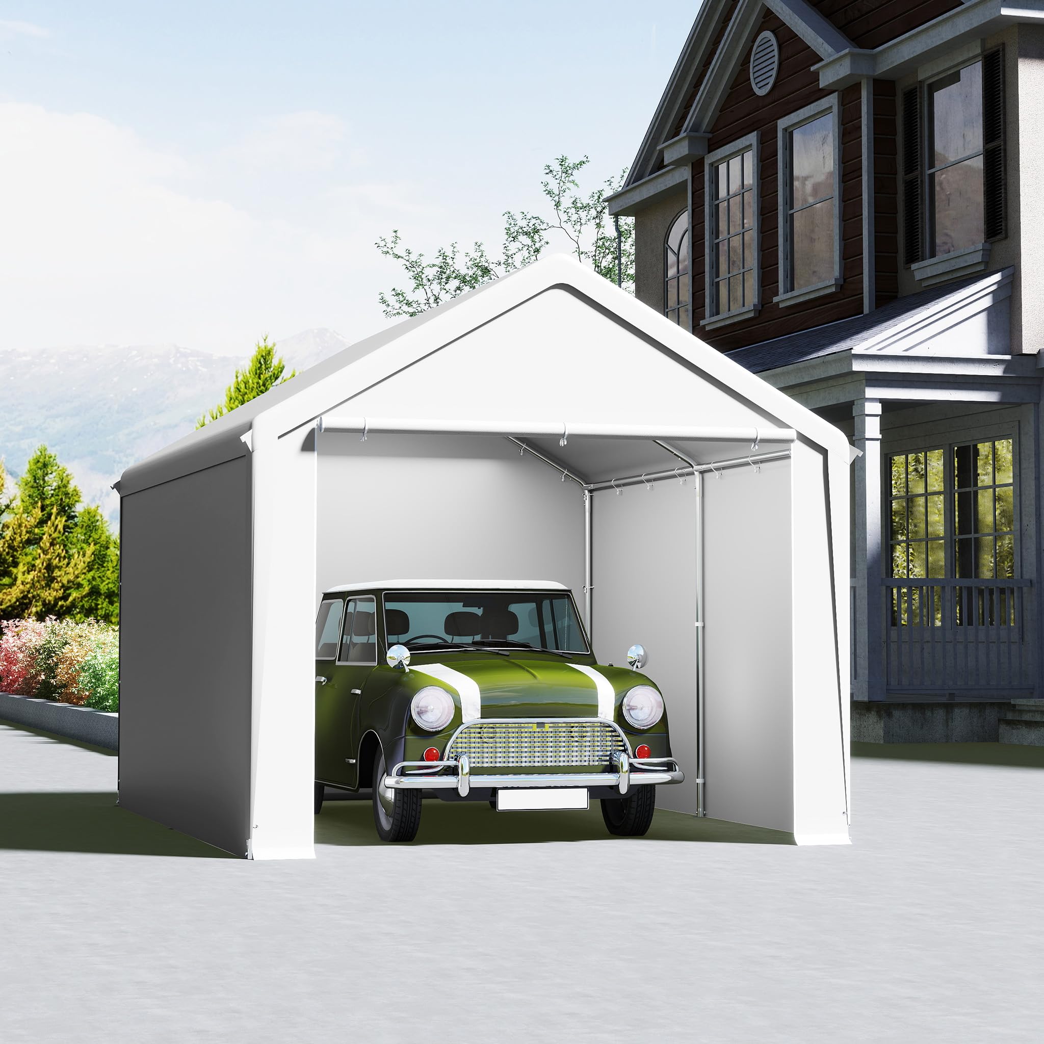 VA-Cerulean Carport Zeltgarage, Lagerzelt mit wetterfester PE Plane, Garagenzelt mit verzinktem Stahlrahmen, mit Erdankern und Abspannseilen, Unterstand für Auto, Geräte und Gartenbedarf