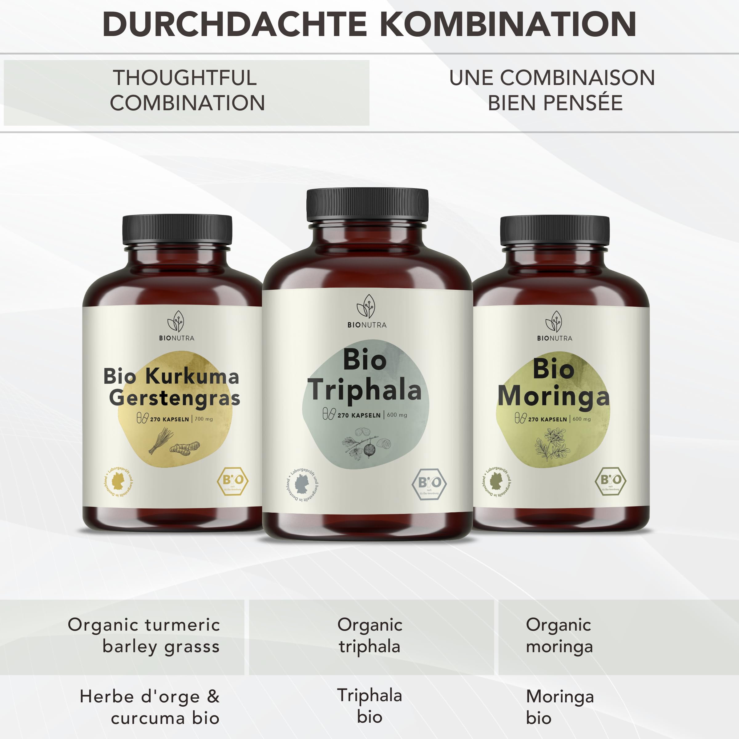 BIONUTRA® Capsule Triphala bio alto dosaggio, 1200 mg/giorno, controllo residui, produzione tedesca, vegane, senza lattosio né glutine, senza additivi, polvere Triphala bio, 270 x 600 mg
