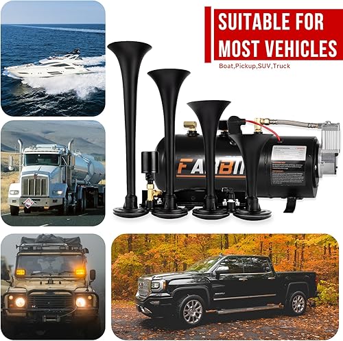 Miniatura 3 de FARBIN 178DB - Bocina de aire de 4 trompetas potente, con tanque de aire de 150 PSI, tipo tren, con compresor de aire 12 V, para camiones, Jeep, SUV