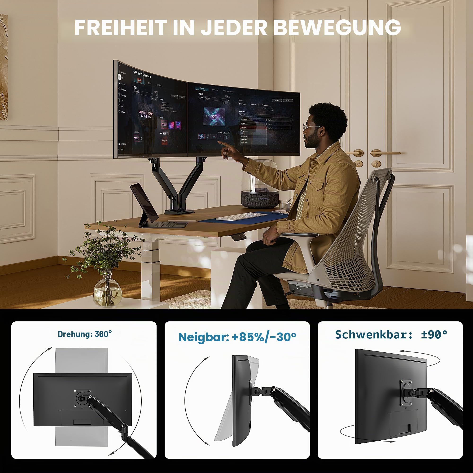HUANUO Gaming Monitor Halterung 2 Monitore, Stabile Bildschirm Halterung für 13″–40″, Höhenverstellbar & Ergonomisch, mit USB, VESA & C-Klemme/Öse, bis 12 kg pro Arm