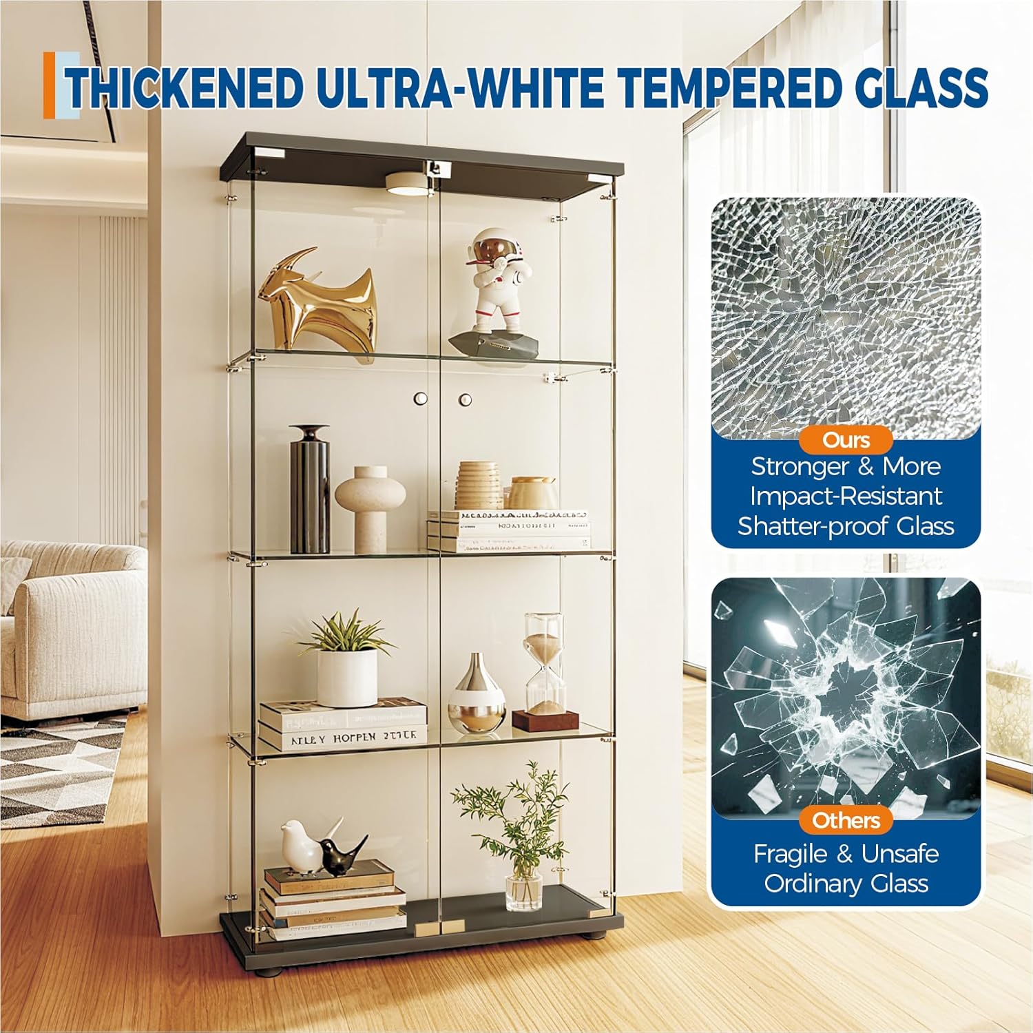 Takywep 4-Tier Tempered Glass Display Cabinet with Doors, Black Curio Bookcase, Human Body Sensor & 3-Color LED Lights, Display Case for Collectibles Toys Wine, Dustproof Storage Cabinet
