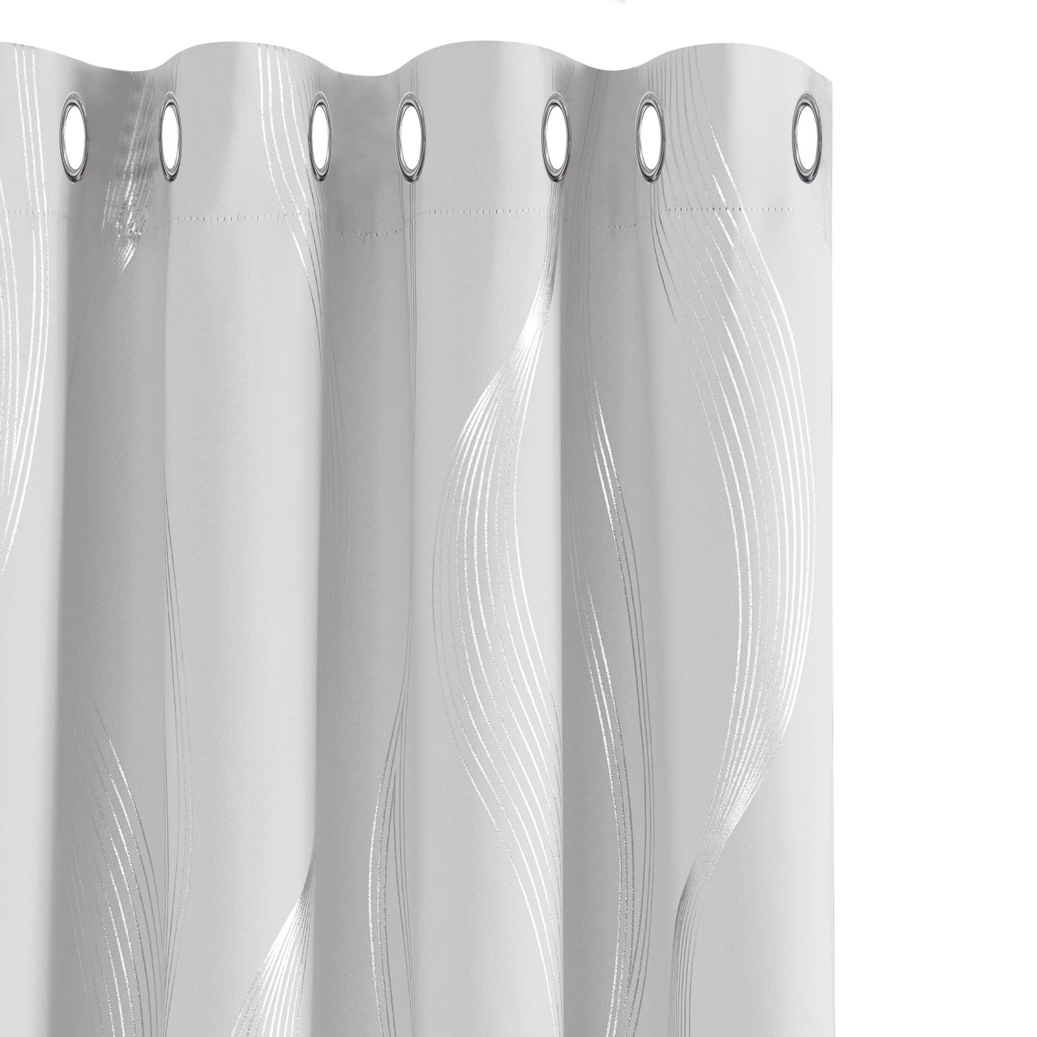 Deconovo Grey Curtains 46 x 54 Inch Foil Printed Wave Line Room Darkening Curtains Thermal Insulated Energy Saving Super Soft Eyelet Blackout Curtains for Bedroom Light Grey 2 Panels — view 49