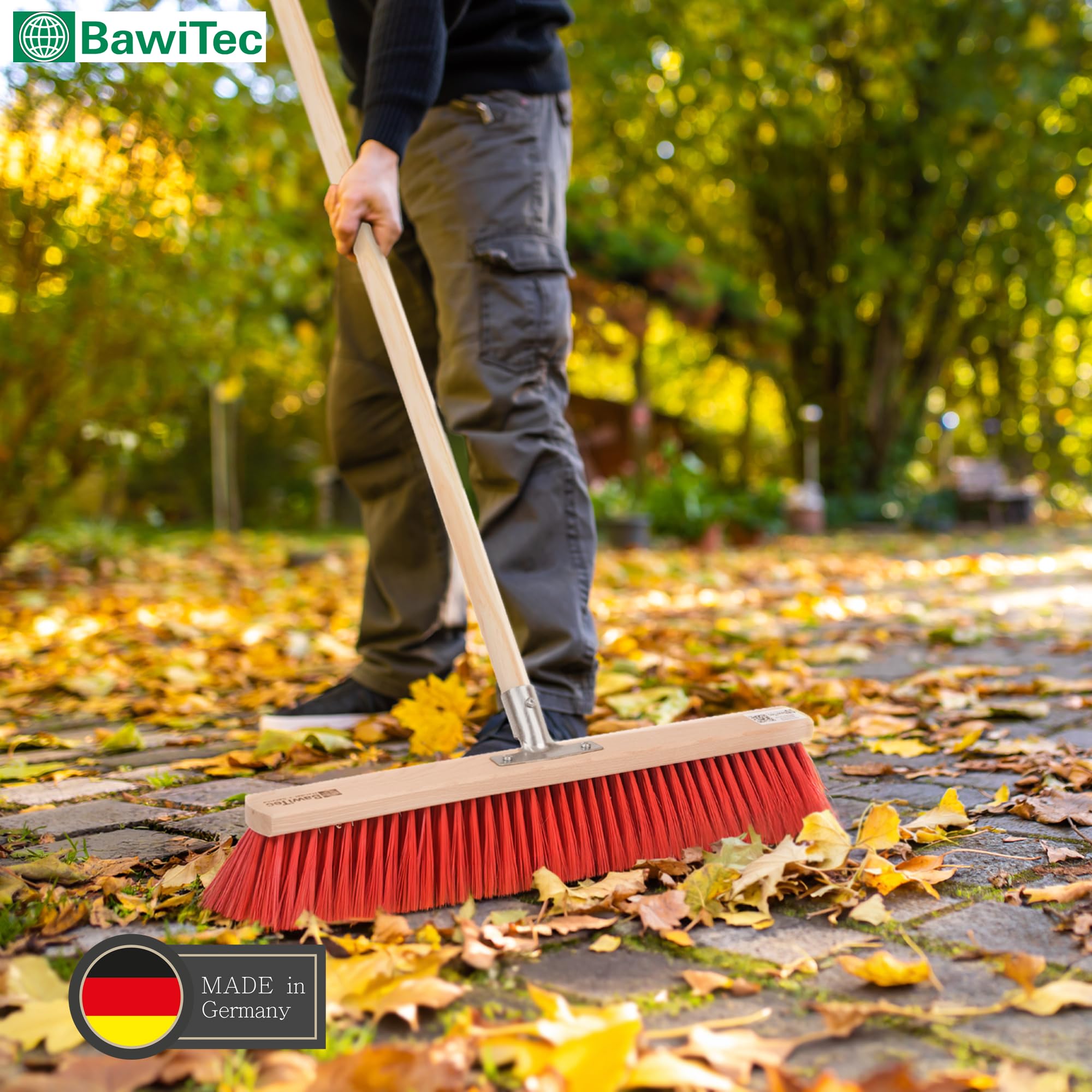 Profi Straßenbesen 60cm Breit mit Stiel 160cm rote Borsten Besen Holzstiel | Metall-Stielhalter Verschraubt, Elaston-Kunststoffborsten, Rot, Kehrbesen für Draußen