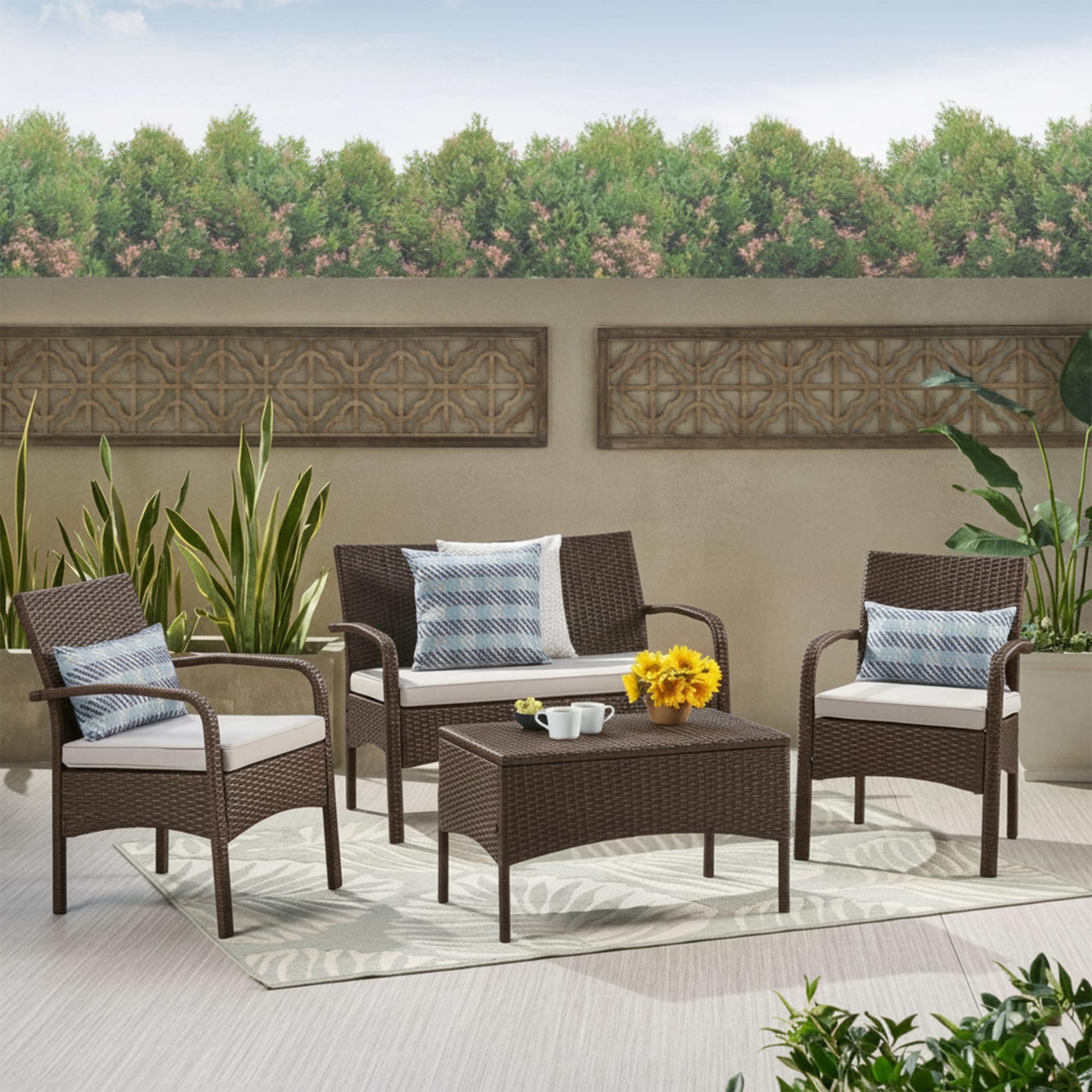 BRISHI Outdoor Sofa Set || Balcony Sofa || Patio Furniture Sets || Indoor Sofa|| Wicker Rattan Garden Sofa Set with Cushion and Center Table (4 Seater-Brown-Beige)