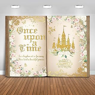 Once Upon a Time Backdrop 10x7ft Pink Floral Gold Castle Princess Fairy Tale Book Birthday Background Party Decorations for Girl Opening Magic Book Romantic Story Wall Decor Banner