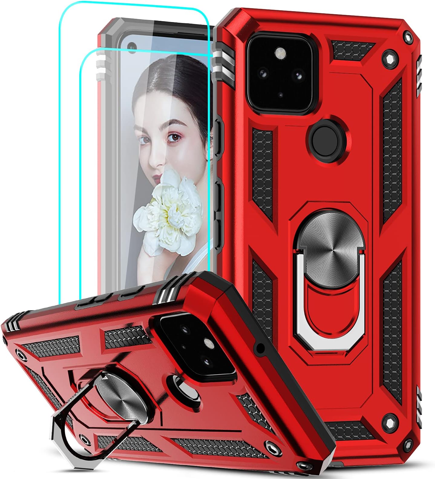 LeYiGoogle Pixel 5 Case (2020) with [2 Pack] Tempered Glass Screen Protector, [Military-Grade] Defender Protective Phone Case with Ring Magnetic Kickstand for Google Pixel 5, Red