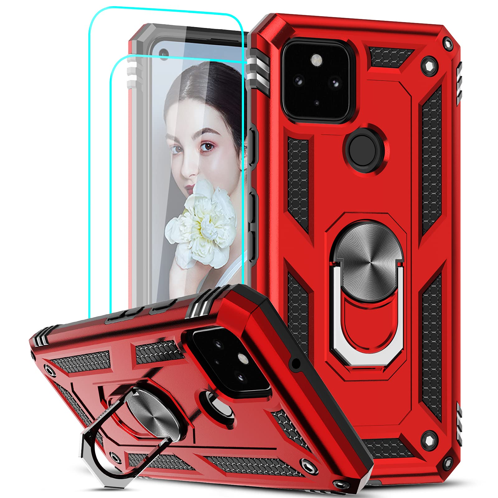 LeYiGoogle Pixel 5 Case (2020) with [2 Pack] Tempered Glass Screen Protector, [Military-Grade] Defender Protective Phone Case with Ring Magnetic Kickstand for Google Pixel 5, Red