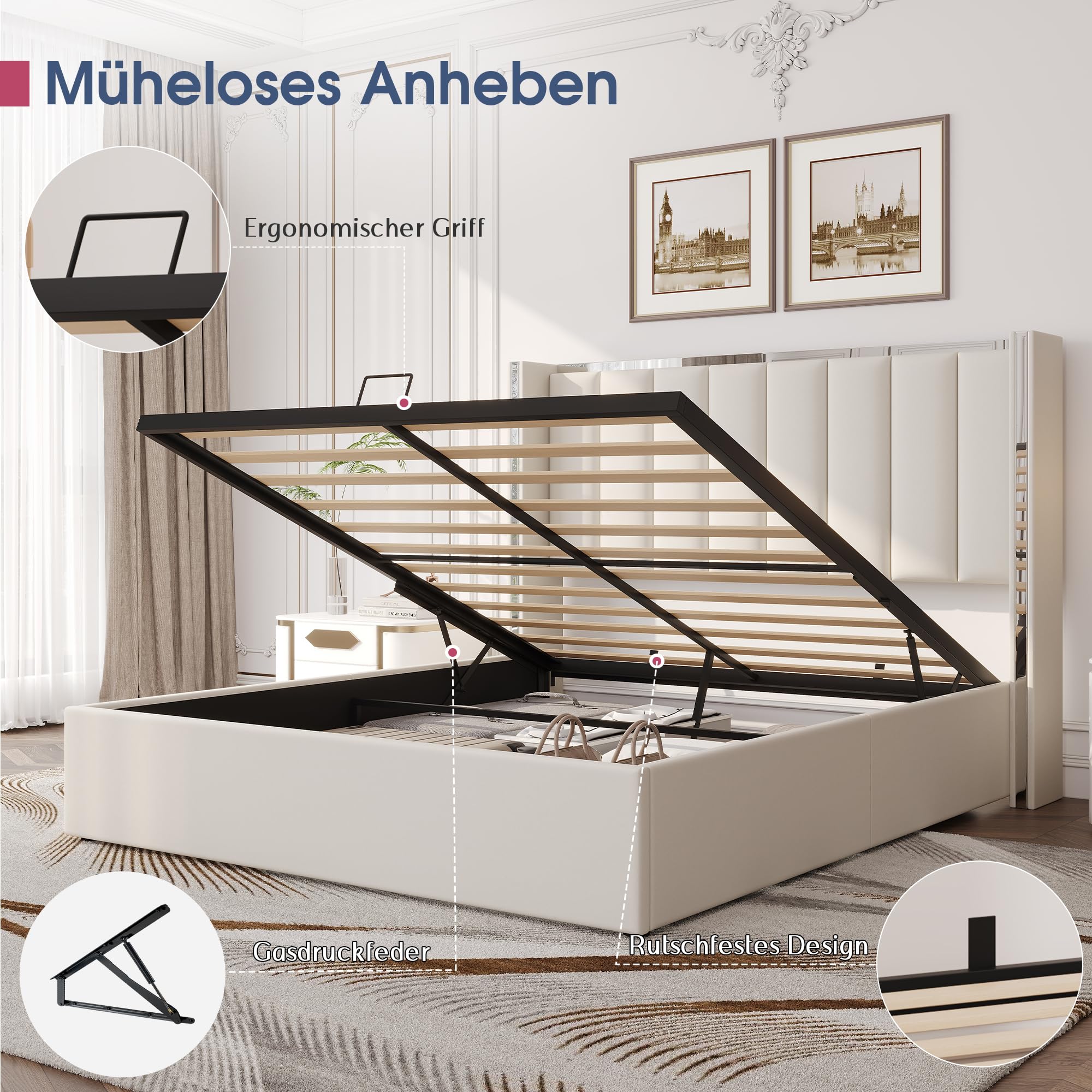 LUXOAK Polsterbett 160x200 mit Bettkasten & Liftfunktion, Beige | 115cm Wingback-Kopfteil mit Chromdetails, weicher Samtbezug, großer Stauraum, stabiler Holzrahmen, leiser Lattenrost