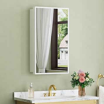 Buruis 14" x 24" Framed Medicine Cabinet with Mirror, Recessed Bathroom Cabinet Fits 13-3/8" x 22-13/16" Rough Opening, Wall Mount Mirror Cabinet with Adjustable Glass Shelves, White