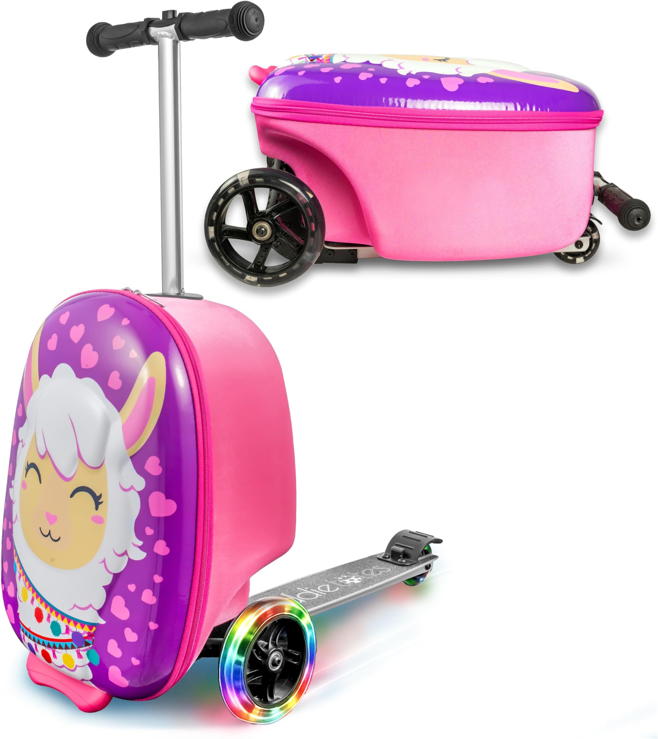 KIDDIETOTES 3D Hard Shell Ride-On Suitcase Scooter for Kids - Cute and Lightweight Carry-on Luggage for Kids with LED Lighted Wheels, Pink, 13.5 Inch x 9 Inch x 20 Inch, Alpine Lama, Pink