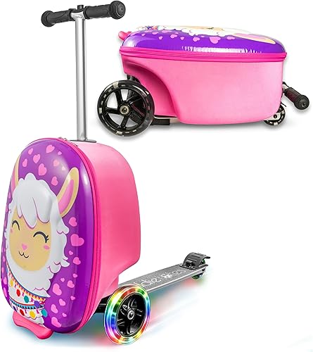Kiddietotes Scooter de maleta rígida 3D para niños, bonito equipaje de mano ligero para niños con ruedas LED encendidas, diseño de rueda actualizado