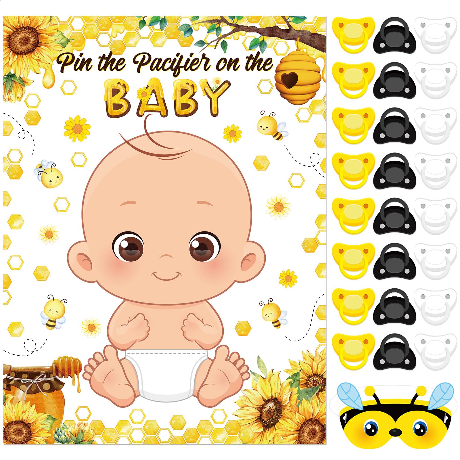 Faccito Pin The Pacifier Baby Shower Game Baby Shower Party Decorations Include Large Poster 24 Pacifier Stickers Blindfold Game Set for Birthday