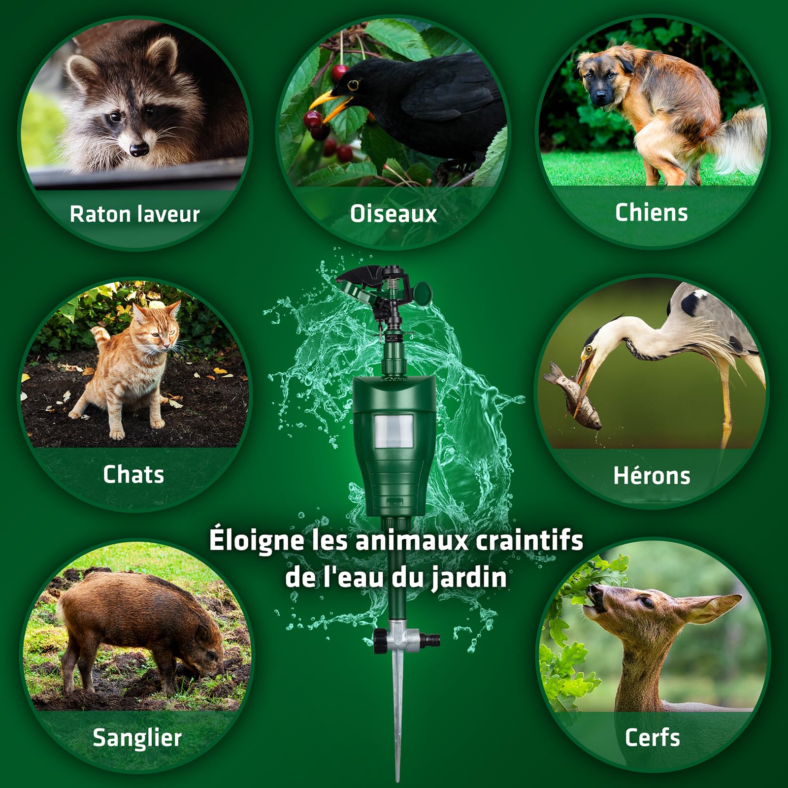 GARDIGO Répulsif à Jet d’Eau Anti-Animaux avec Détecteur de Mouvement | Portée réglable jusqu’à 10 m, installation facile. Protège contre chats, chiens, oiseaux, lapins, hérons.