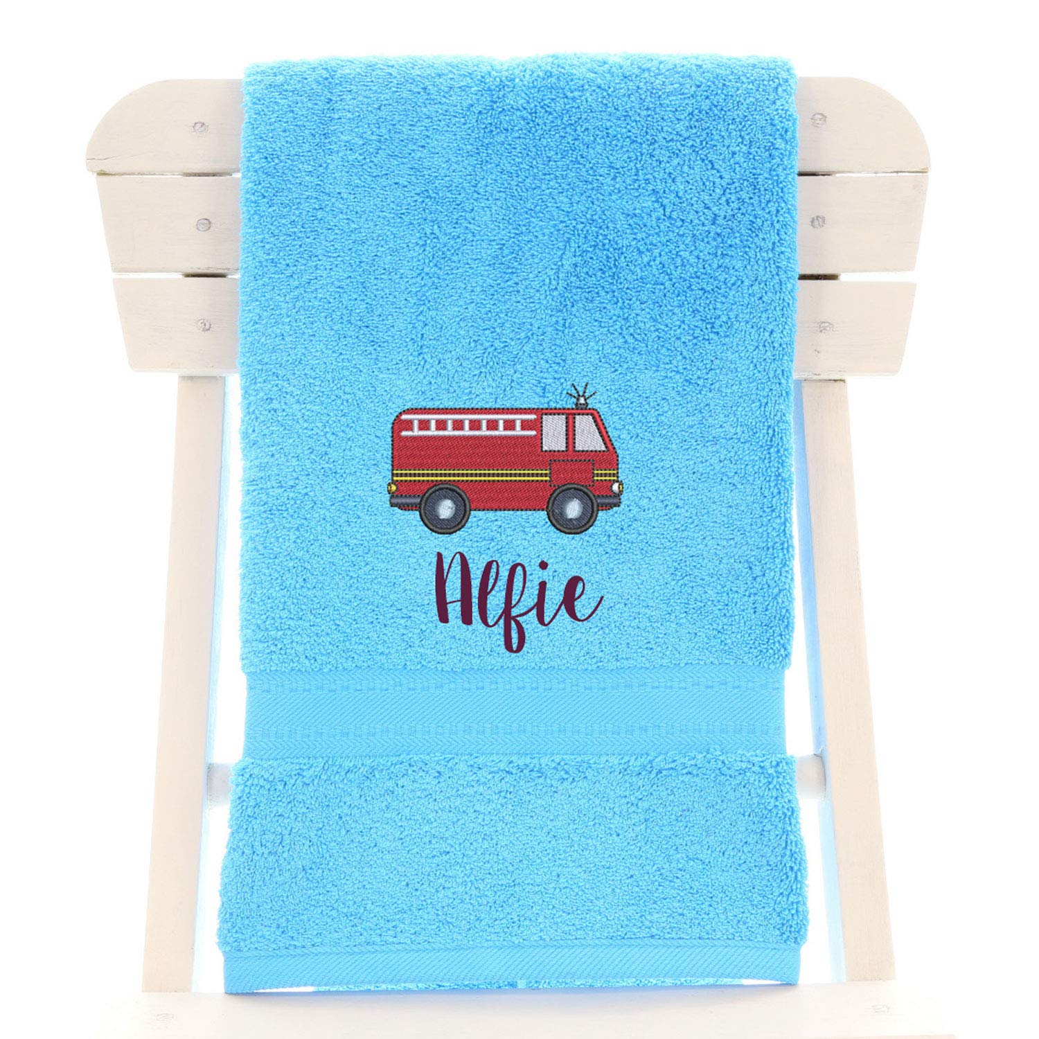 aztex Personalised Children's 100% Cotton Bath Towel with Fire Engine Logo & Name, 550gsm, 70cm x 130cm - Turquoise