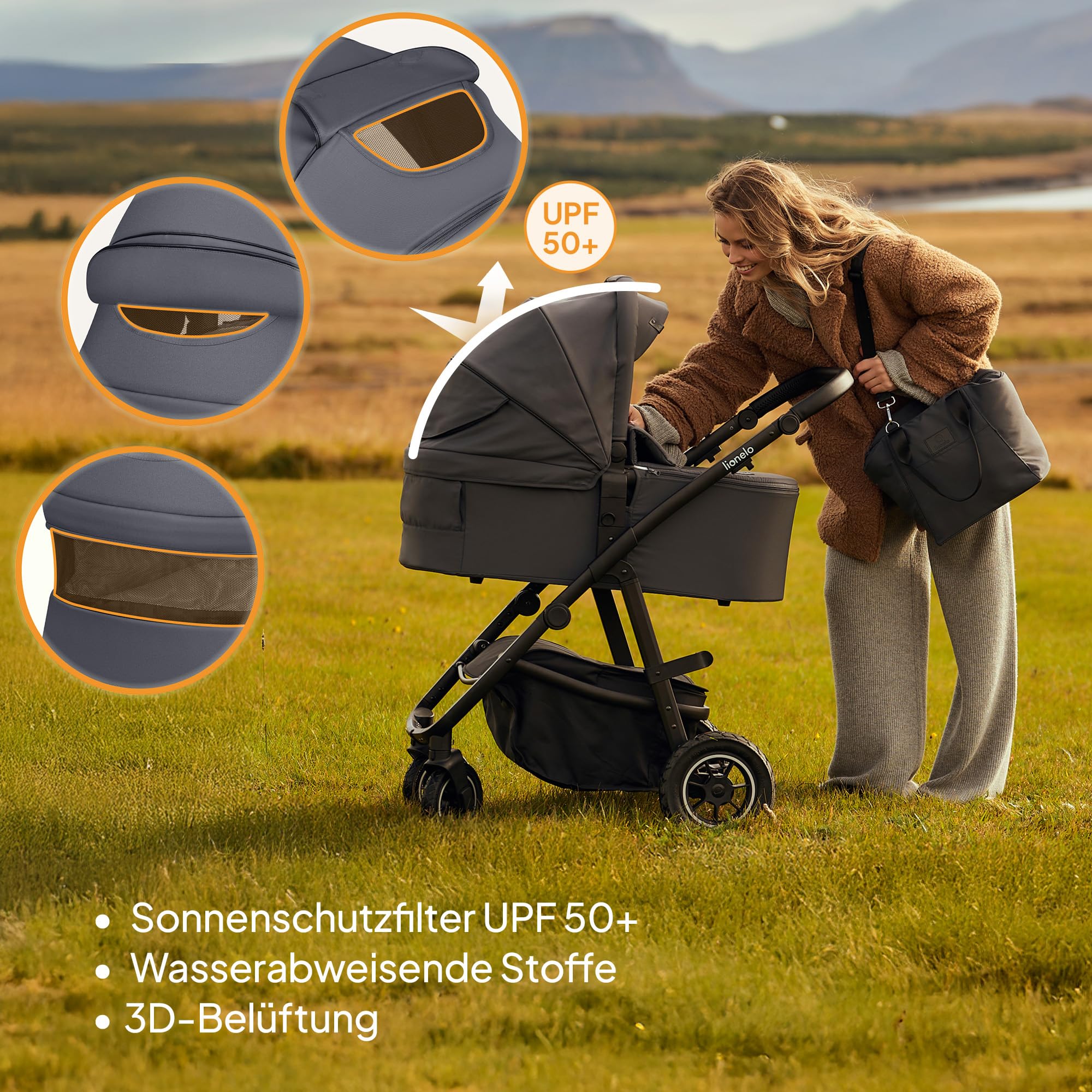 LIONELO AMBER PLUS 3-in-1 Multifunktionaler Kinderwagen von 0 bis 4 Jahren bis 22 kg mit XL-Babywanne, Kindersitz bis 13 kg, verstellbare Rückenlehne, große 360o Geländeräder, XXL-Verdeck