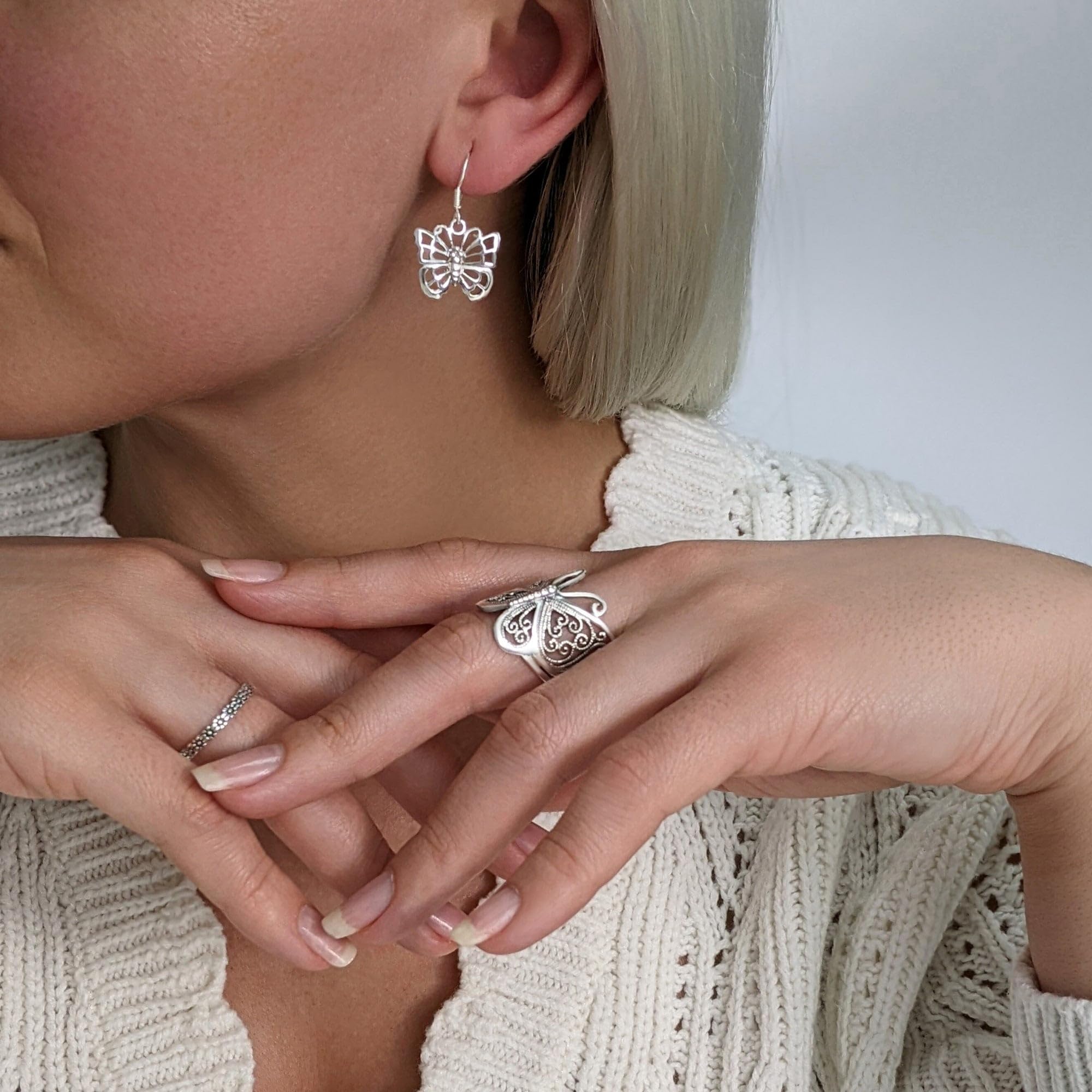 Silverly Anillo Ancho Plata de Ley Mariposa Filigrana | Anillos Plata 925 Pulgar Mujer | Joyas Dama Honor Estilo Vintage | Anillos Ornamentados Inspirados Naturaleza Ella | Regalo Hija