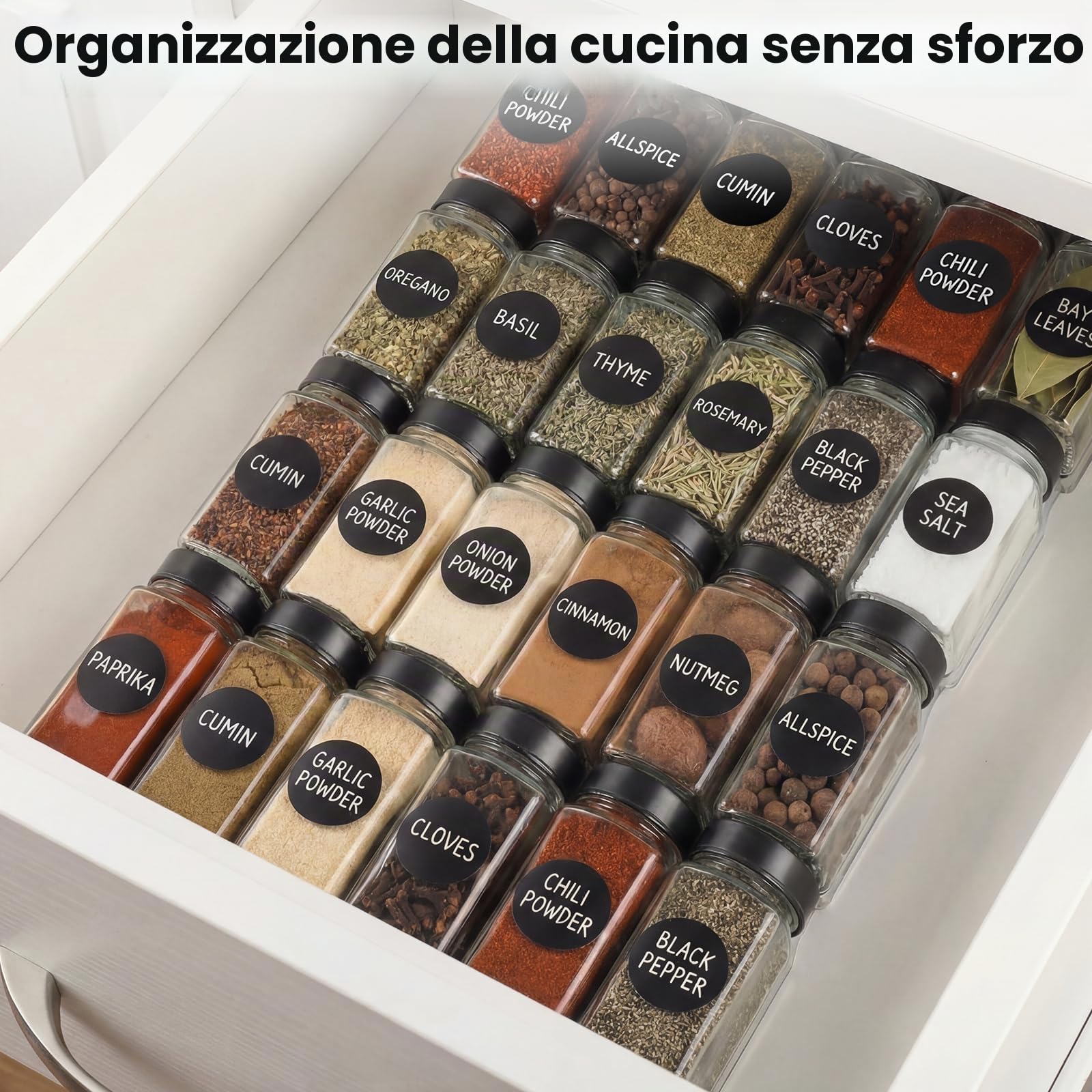 24pcs Barattoli Vetro per Spezie con Coperchio In Acciaio Inossidabile, 120ml Contenitori Spezie per Cucina, Kit per Condimenti con Etichette, Imbuto, Spazzola, Pennarello (Nero)