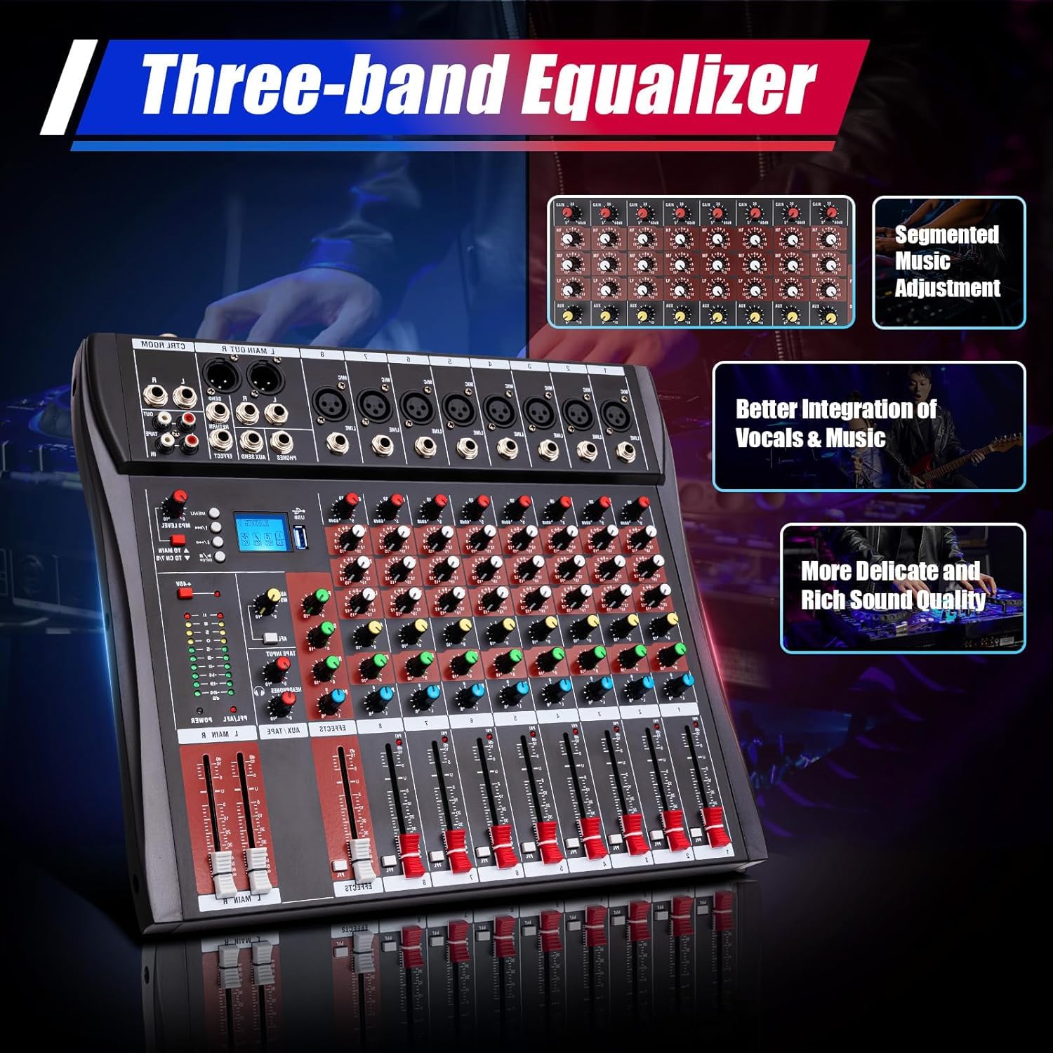 Mezcladora de Audio Profesional 8 Canales con Bluetooth, USB y +48V - Diseño Ultraplano y Portátil para Estudio en Casa, Podcast y Actuaciones,8 Channel