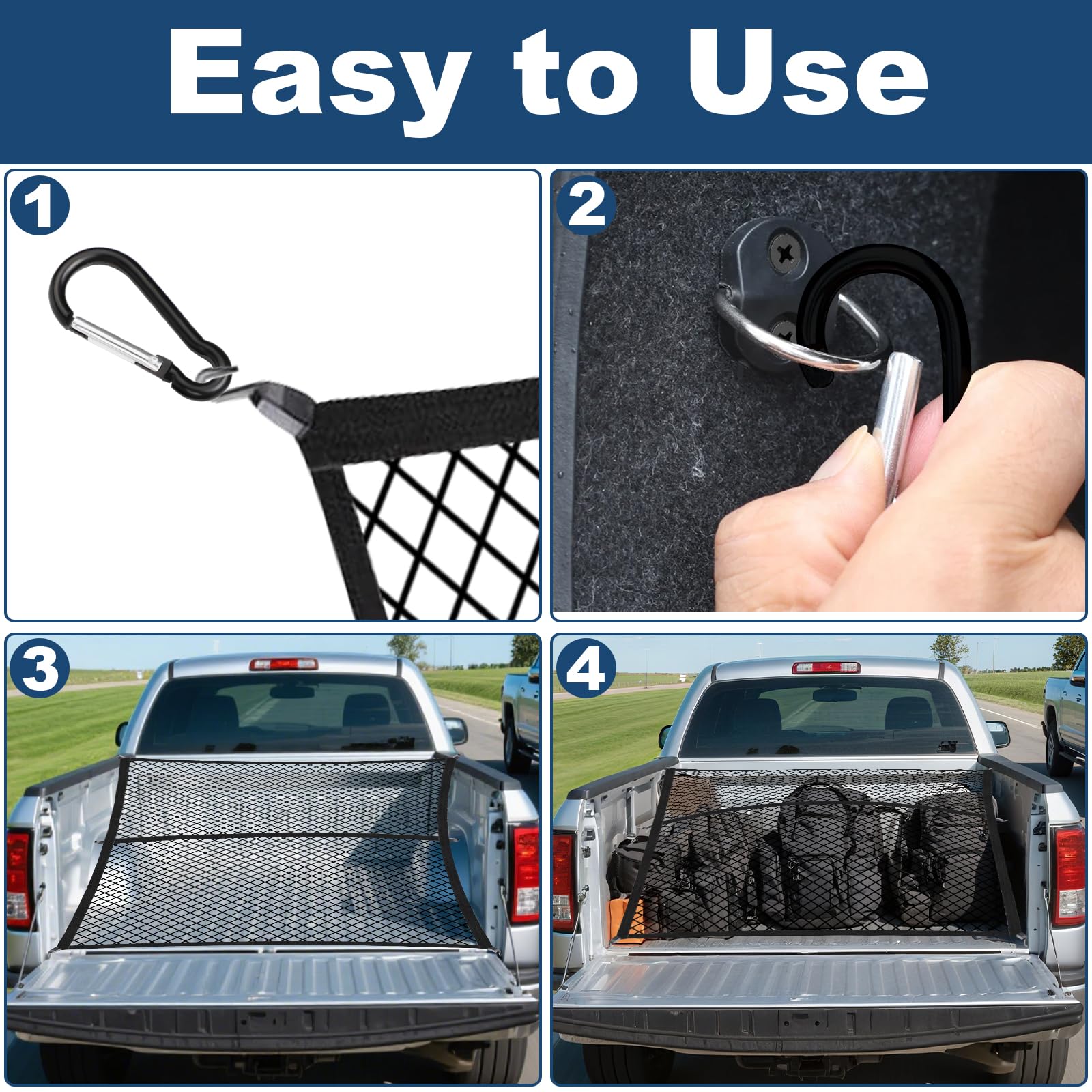Red de Carga Altamente Elástica, Red Grande para Maletero de Coche 120x120cm, Puede Extender a 210×210cm, Organizador de Malla de Carga para camión, con 6 Mosquetones, para SUV Camionetas Carro