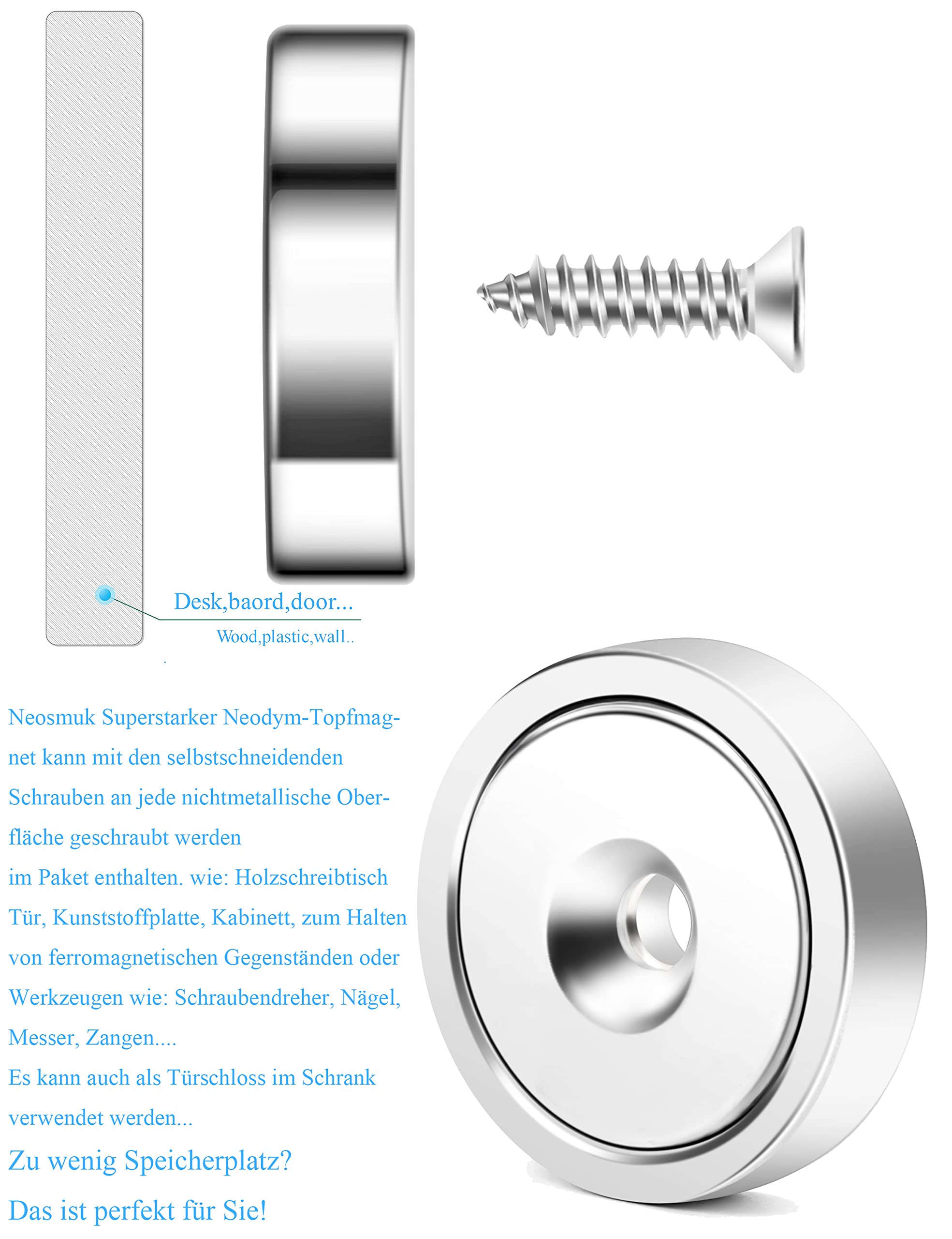Neosmuk Imanes con agujero avellanado 32 mm base magnética fuerte acero inoxidable