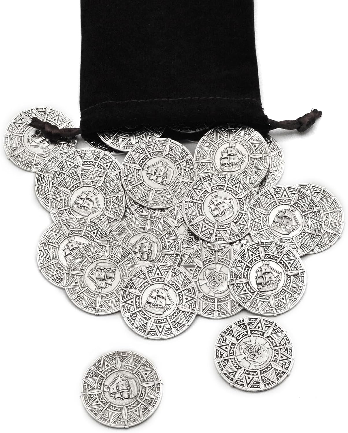 Large Metal Pirate Coins Gold Treasure Coin Set, Metal Replica Spanish Doubloons for Board Games, Tokens,Realistic Money Imitation for Treasure Chest - Size 1.18" (Pirate Silver 50 PCS)