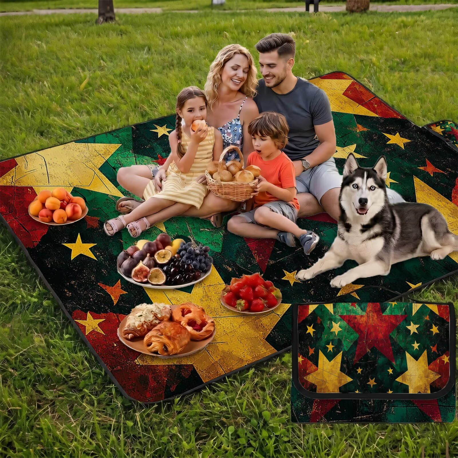 Couverture de Pique-Nique Grande 200x300cm,Outdoor Couverture Imperméable,Pliable Tapis de Plage Dos en PVC Anti-Sable,Picnic Blanket pour Camping Accessoires,Jardin,Parc - Jaune,étoiles UZ-573
