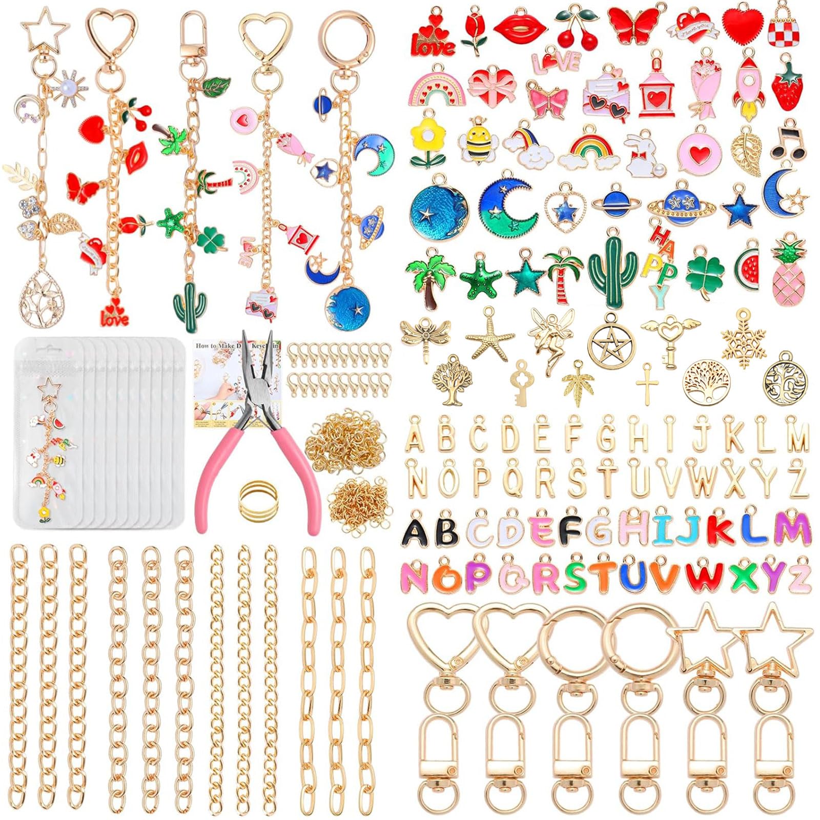 Glamoreal 352Pcs Lip Gloss Keychain Making Kit, Diy Charms Key Chain Making Kit With Bag Charm Supplies, Pendant, Jump Ring, Crab Clip, Pliers, Gift Bag And Tools, Easter Basket Stuffers Gift