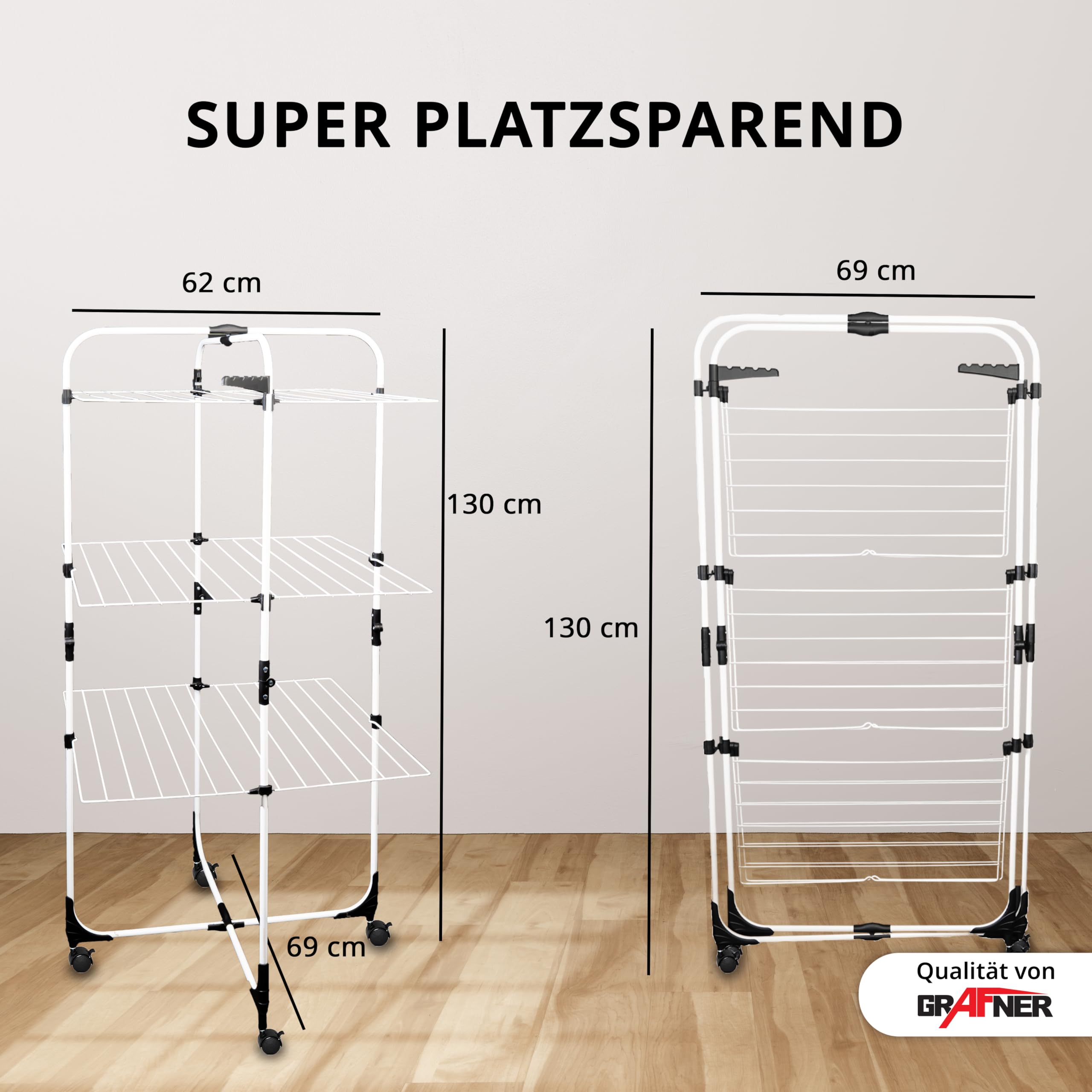 Grafner Wäscheständer Turm, 30 Meter Leinenlänge, mit Rädern, klappbar und platzsparend, 3 Etagen, 6 Faltbare Flügel, rollbar und standfest, mobiler Turm Wäscheständer Trockenständer Trockenregal