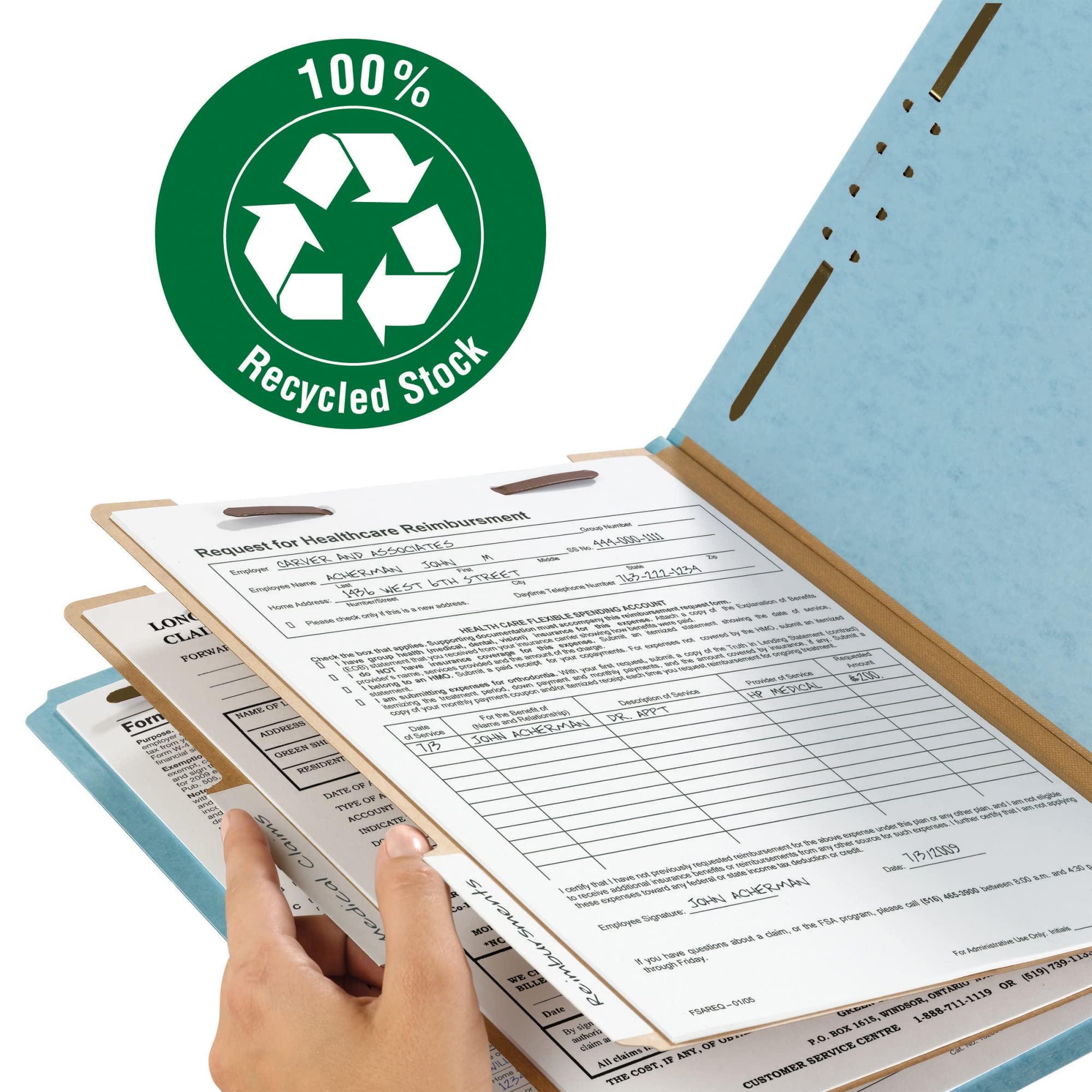 Smead - Carpeta clasificadora 100% reciclada, 2 separadores, expansión de 2 pulgadas, tamaño carta, azul, 10 por caja (14021)
