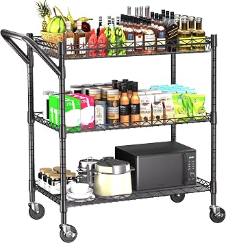 3 Tier Heavy Duty Rolling Utility Cart,18" D x 30" W x 36.6" H Rolling Carts with Wheels,Commercial Grade Metal Cart with Handle Bar & Shelf Liner,Trolley Serving Storage Cart for Kitchen Black