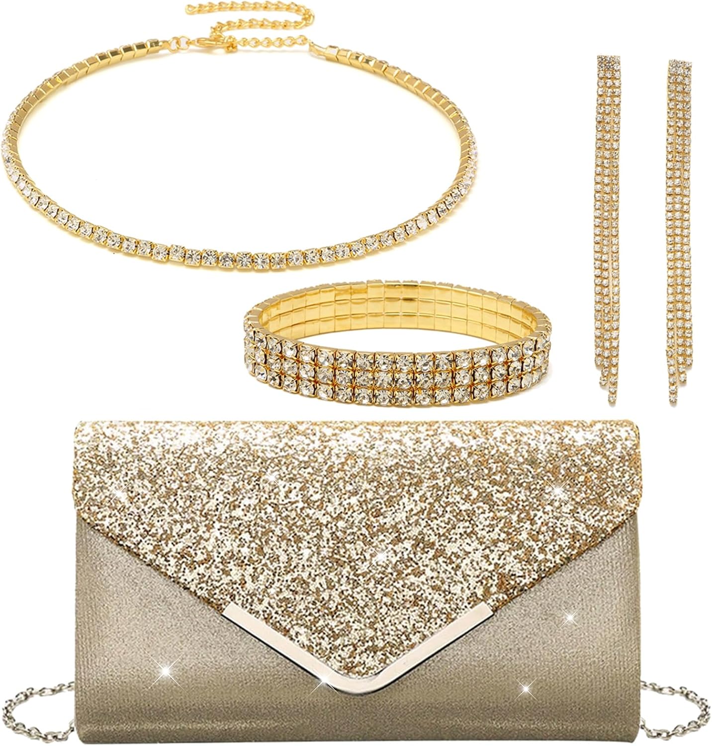 YYW 4 Pieces Women Evening Handbags Clutch Purse Bag with Rhinestone Crystal Jewelry Set for Wedding Party