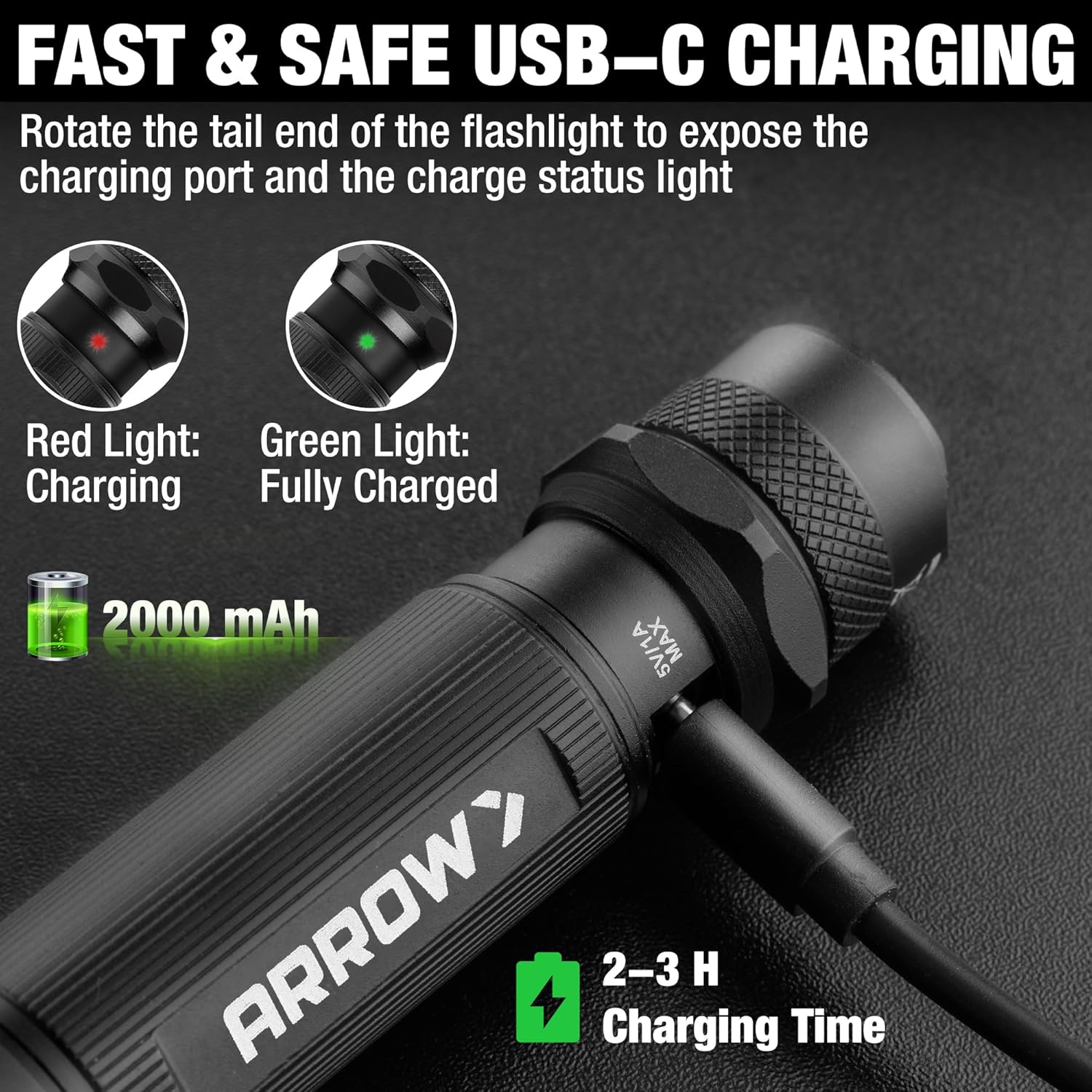Arrow Rechargeable Flashlights 1000 Lumens, Bright LED Flashlight with High/Medium/Low/Strobe Modes, Zoomable Flash Light with 2000mAh Battery, USB-C Charging for Repair, Outdoors & Emergency