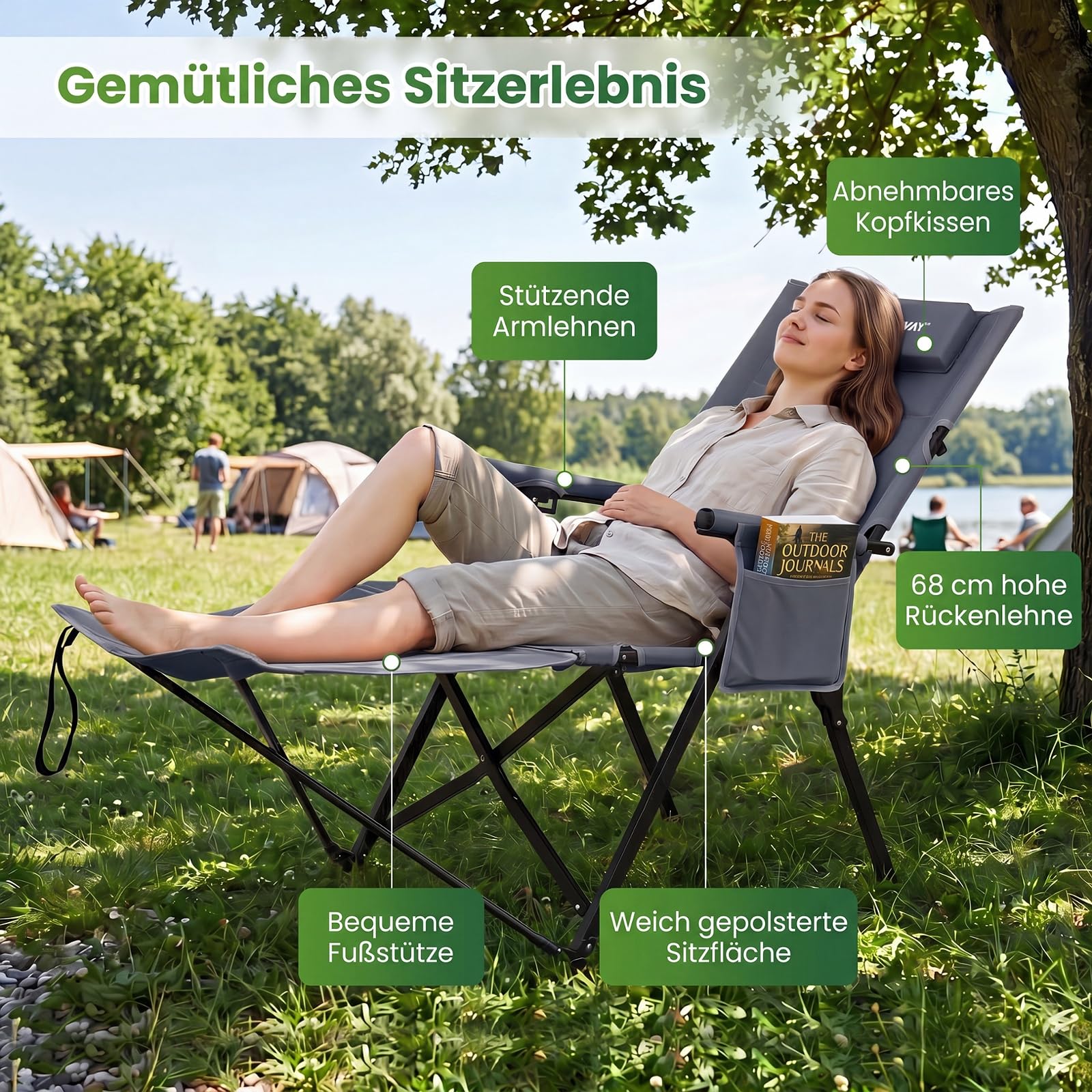 COSTWAY Campingstuhl mit Fußablage, klappbarer Liegestuhl (Grau) | 4-fach verstellbare Rückenlehne, Kopfstütze & Seitentasche, Hochlehner Gartenstuhl, Strandstuhl, Klappstuhl für Camping
