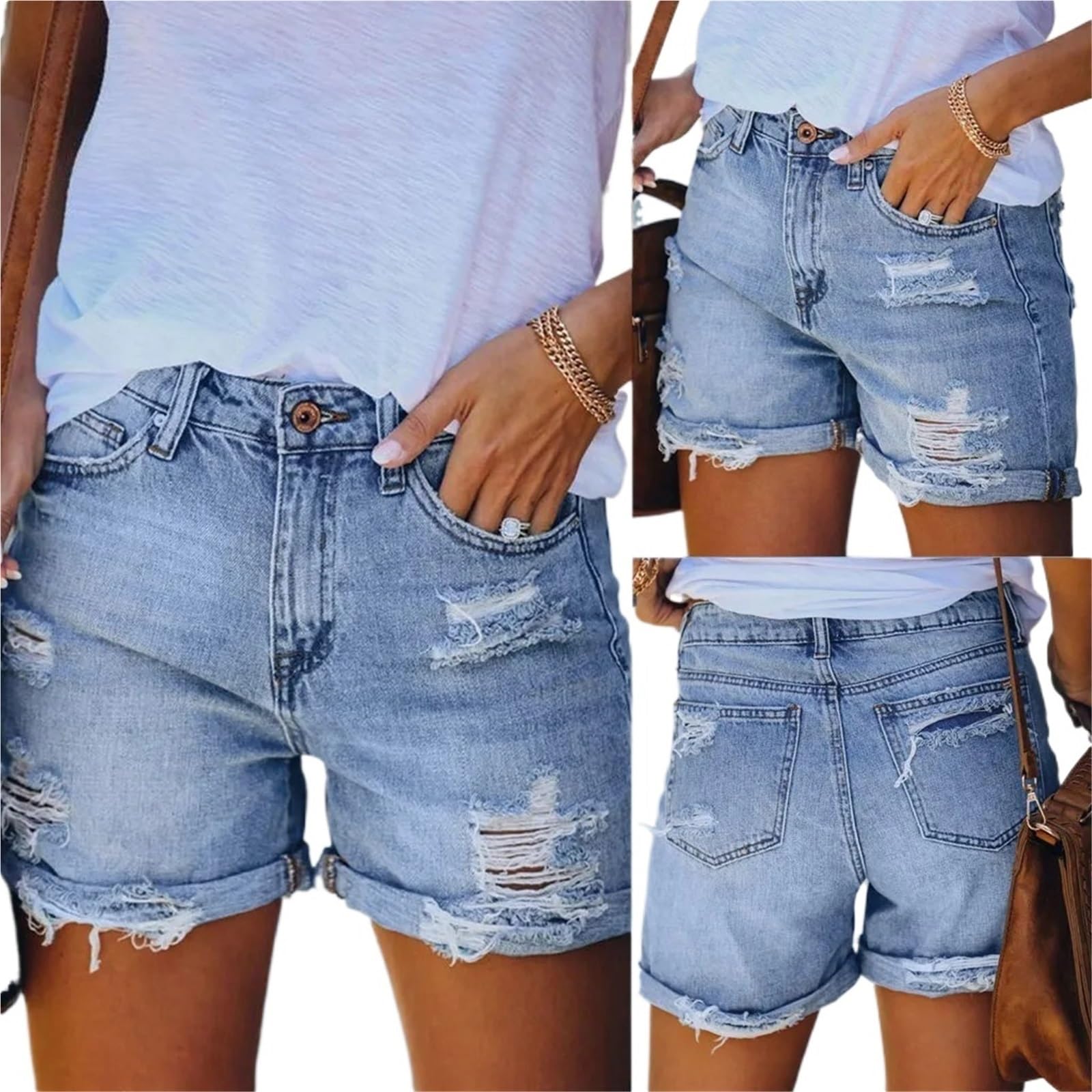 Shorts en denim décontractés avec poches fonctionnelles pour femmes