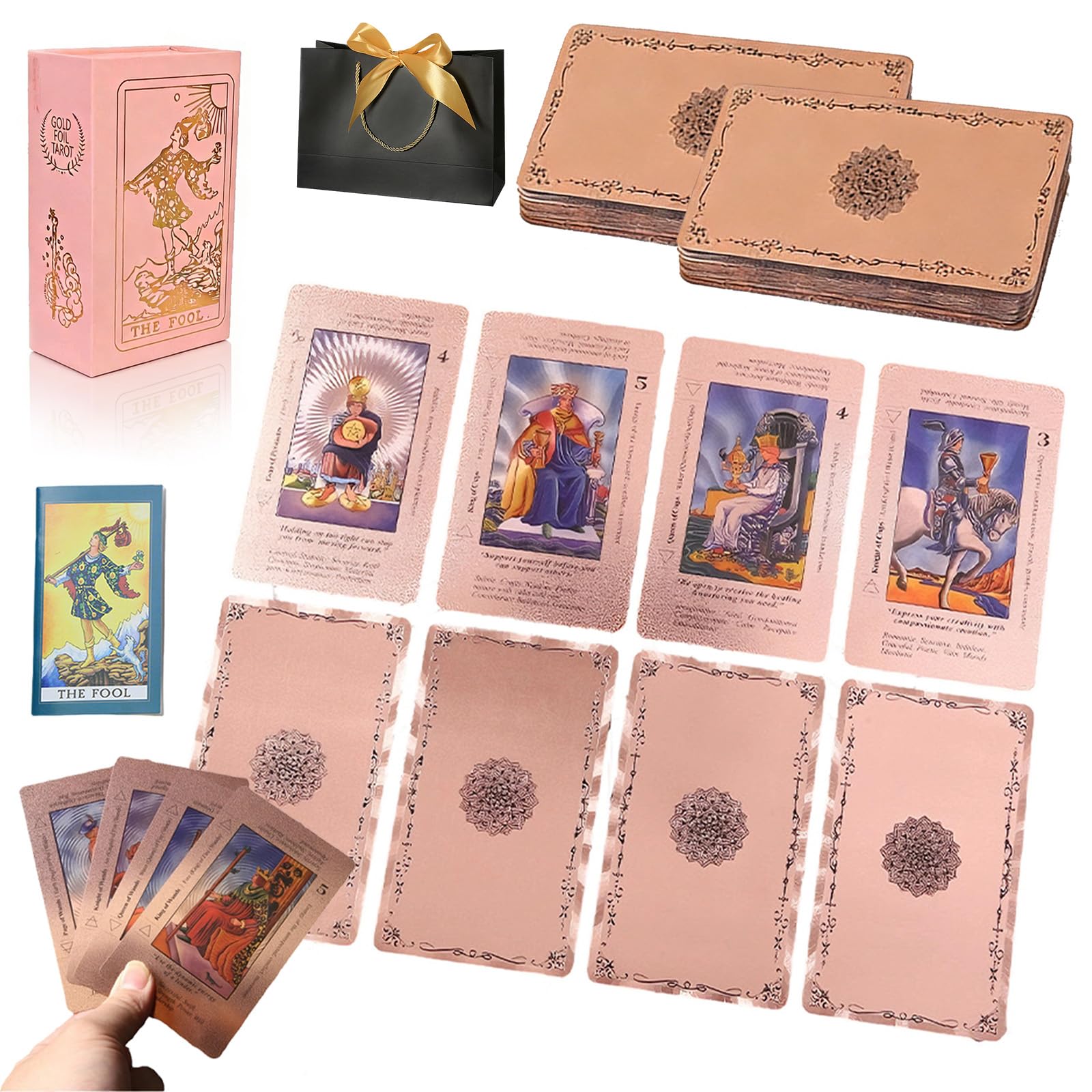 Tarot Cards for Beginners Rose Gold Tarot Cards, Witchy Cauldron Rose Gold Tarots Card with Guide Book, 78 Waterproof Wrinkle Resistant Foil Tarots Decks, Includes Chakras Planets (2Sets)