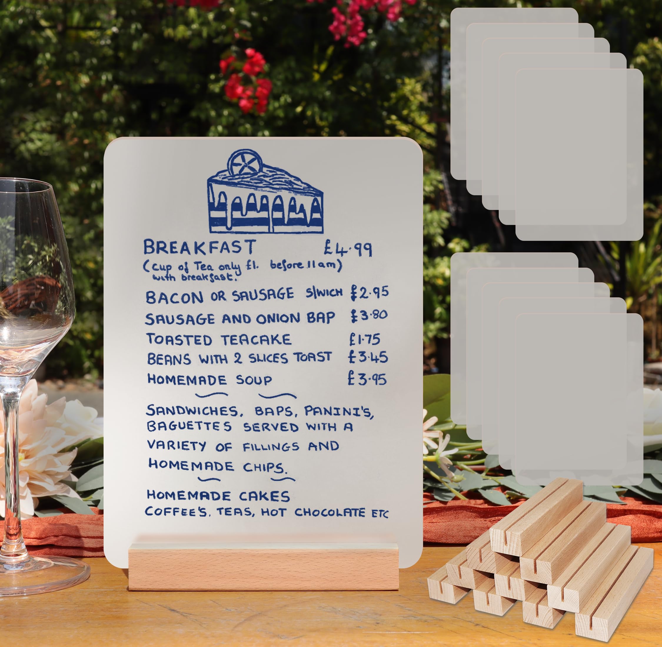 Acrylschild mit Holzständer, matt, blanko, rechteckig, 10 Stück, personalisierbares Schilder-Set für Hochzeitstischnummern, Restaurant, Party, Brautparty (12,7 x 17,8 cm)