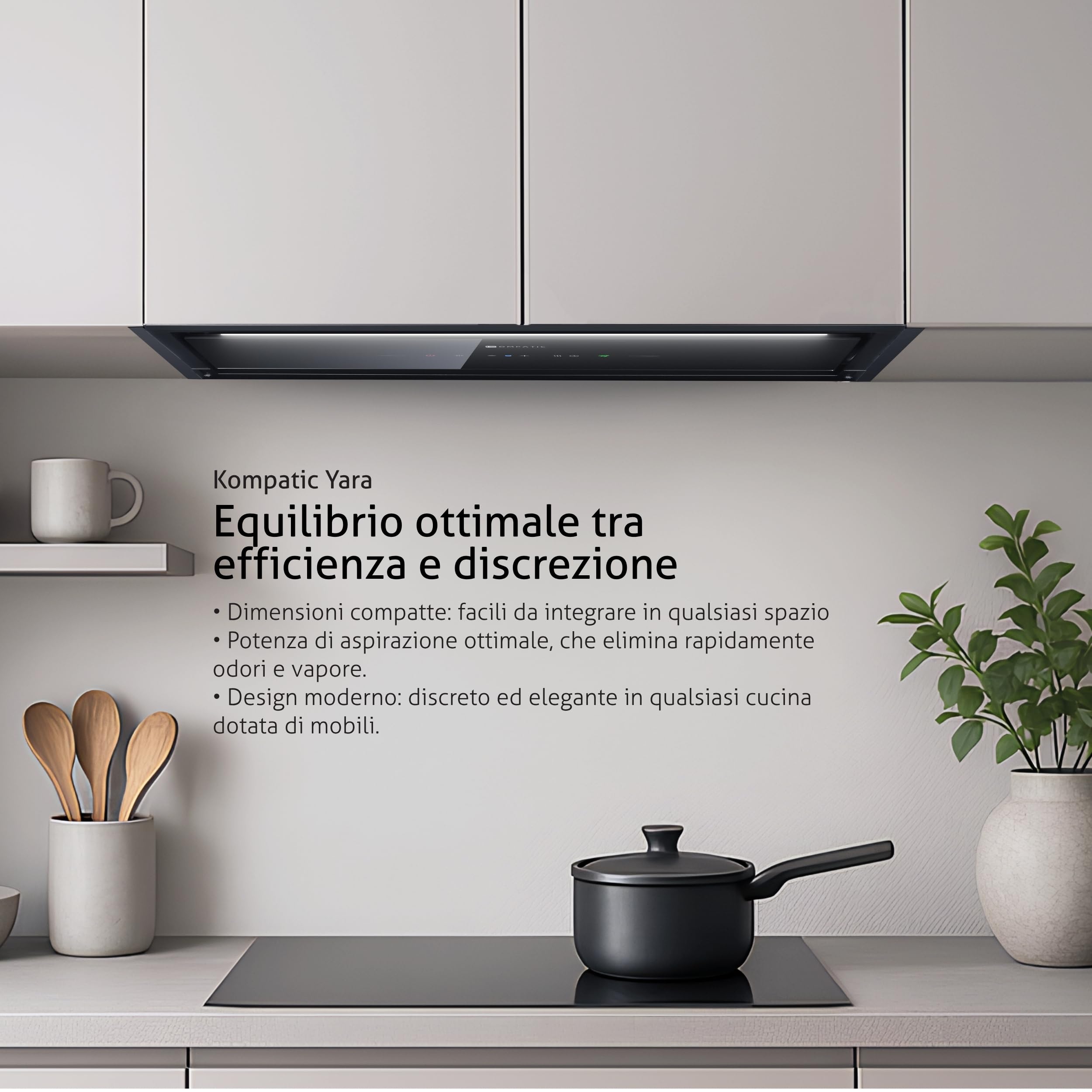Cappa Aspirante da Incasso Kompatic Yara 60 KPYR60BIB, 60 cm, 800 m³/h, Classe A+, Gesture e Touch, Telecomando, No Drip, LED Regolabile, Nero
