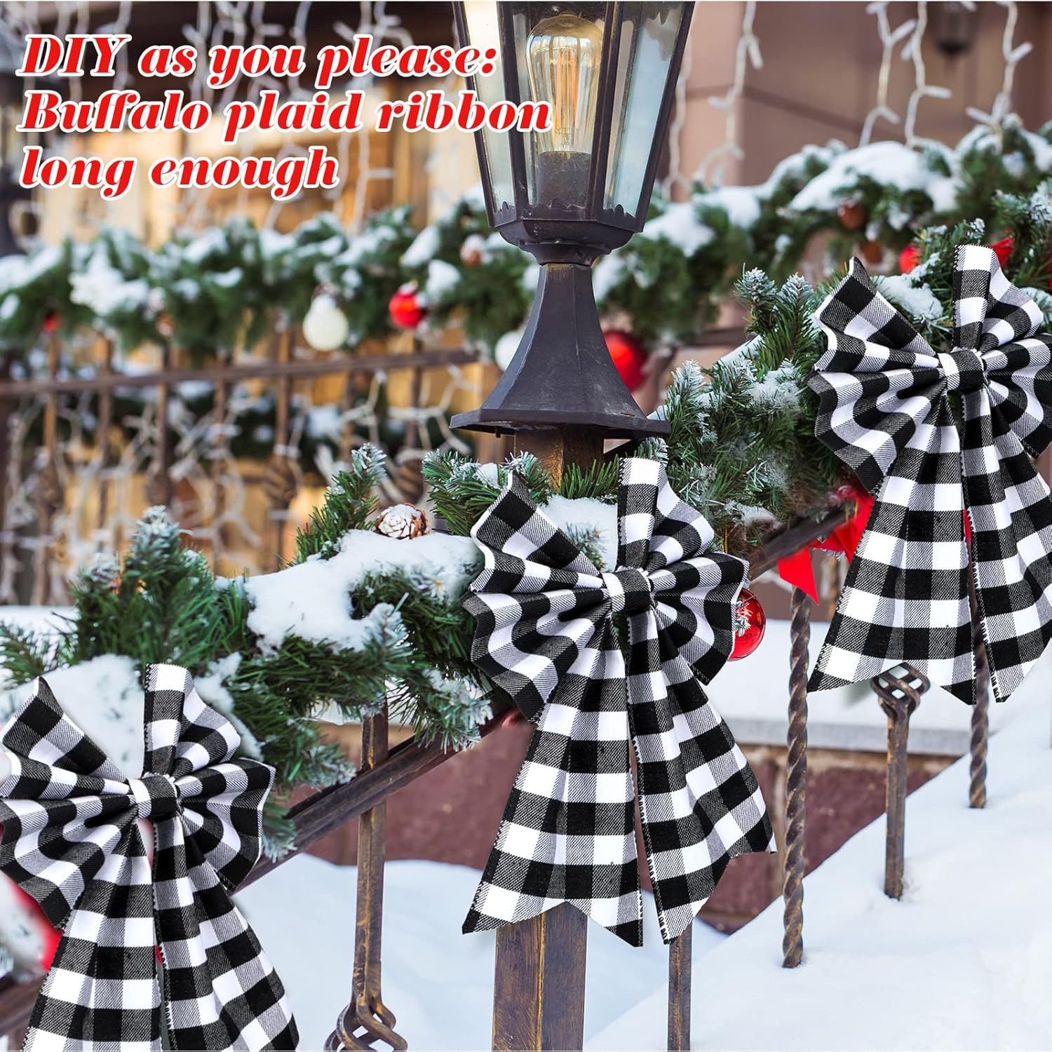4 Inch x 50 Yards Christmas Plaid Buffalo Ribbon Check Wired Edge Gingham for Christmas Tree Wreath Bows Decor(Black White Plaid)