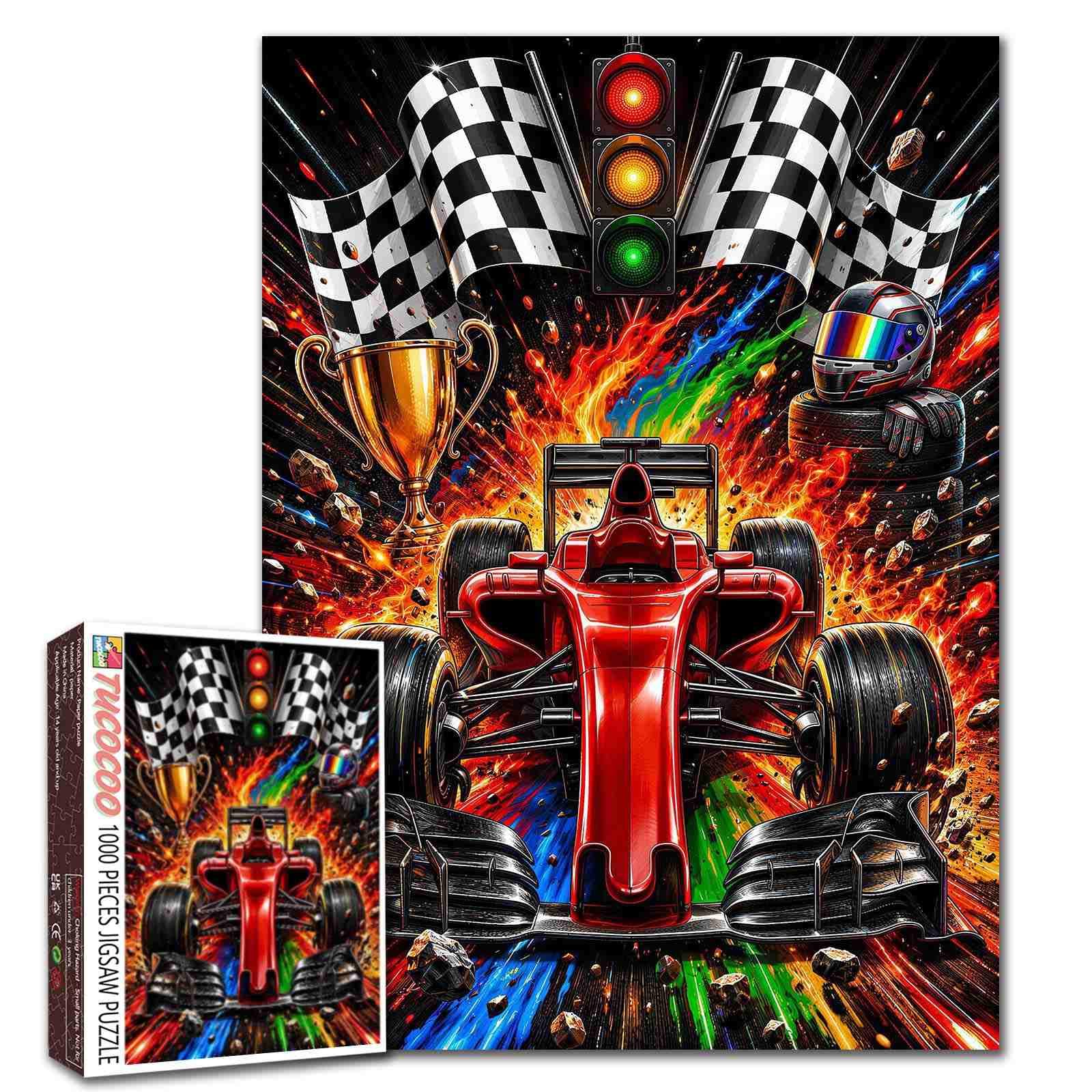 Red Race Car Jigsaw Puzzles for Adults 1000 Pieces Charging Forward with Checkered Flags Racing Scene Family Activity Games Motorsport Wall Decor Craft Gifts 19.7 x 27.6 Inch โ image 1