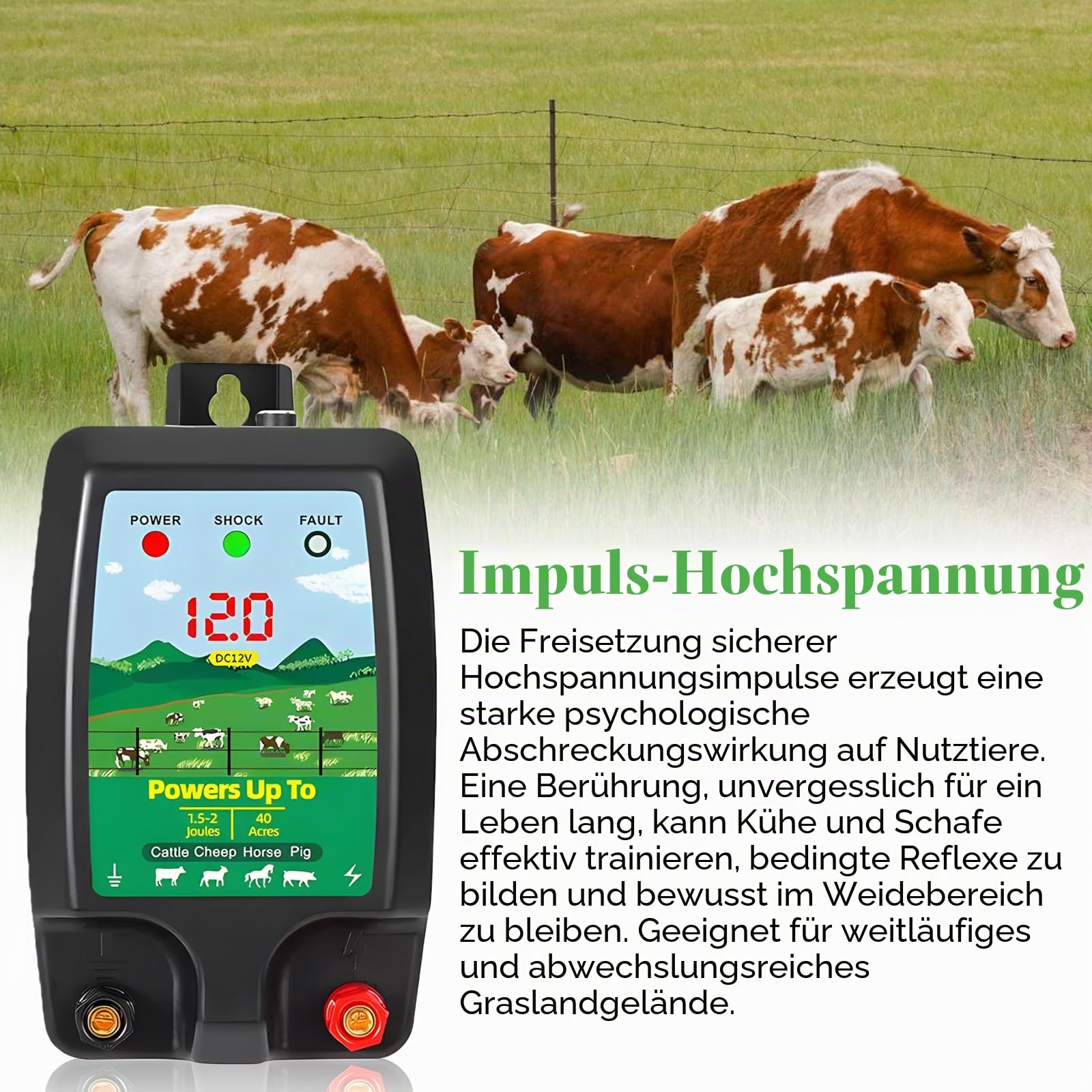 Weidezaungerät 12V mit LED Anzeige, Wasserdicht Elektrischer Weidezaun 10Km Reichweite 1,5-2 Joule Wasserdicht Elektrozaungerät für Schutz von Nutztieren, Haustieren, Geflügel, Hausweide, Gärten